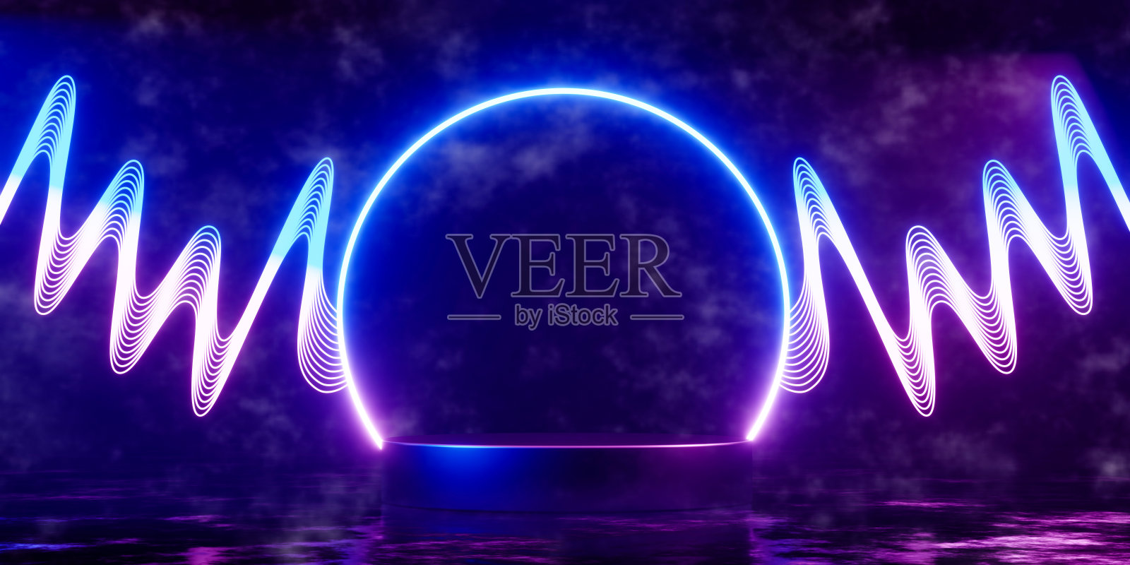 霓虹灯圆柱基座3d渲染。照片摄影图片