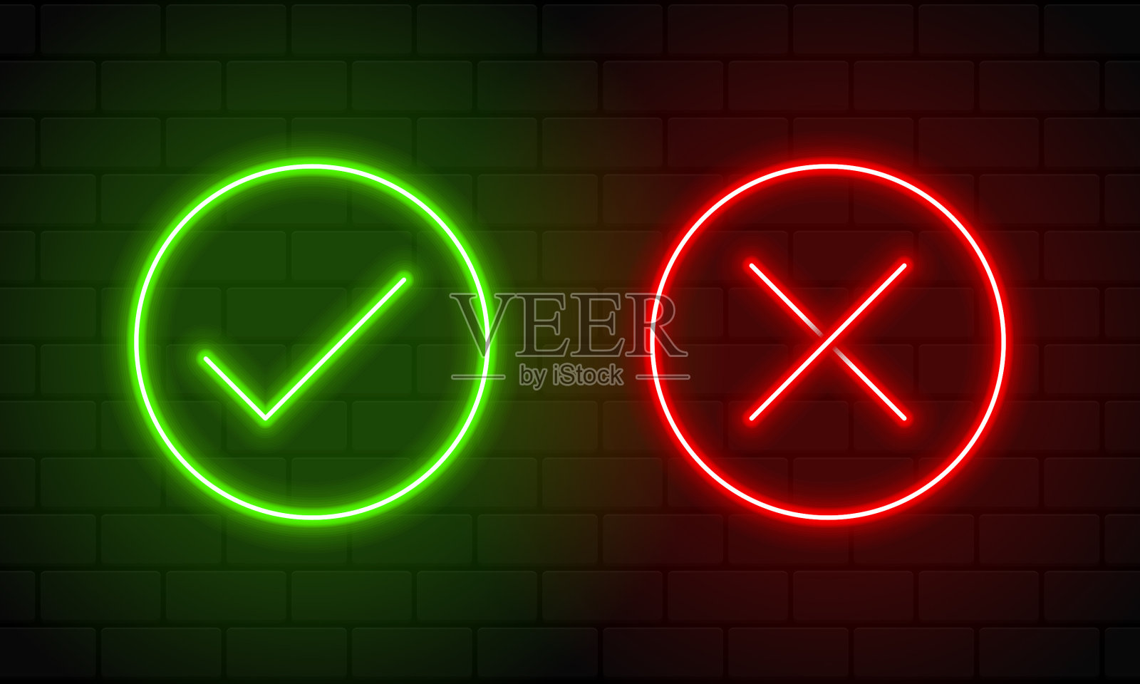 检查标记和交叉标记霓虹灯风格的绿色插画图片素材