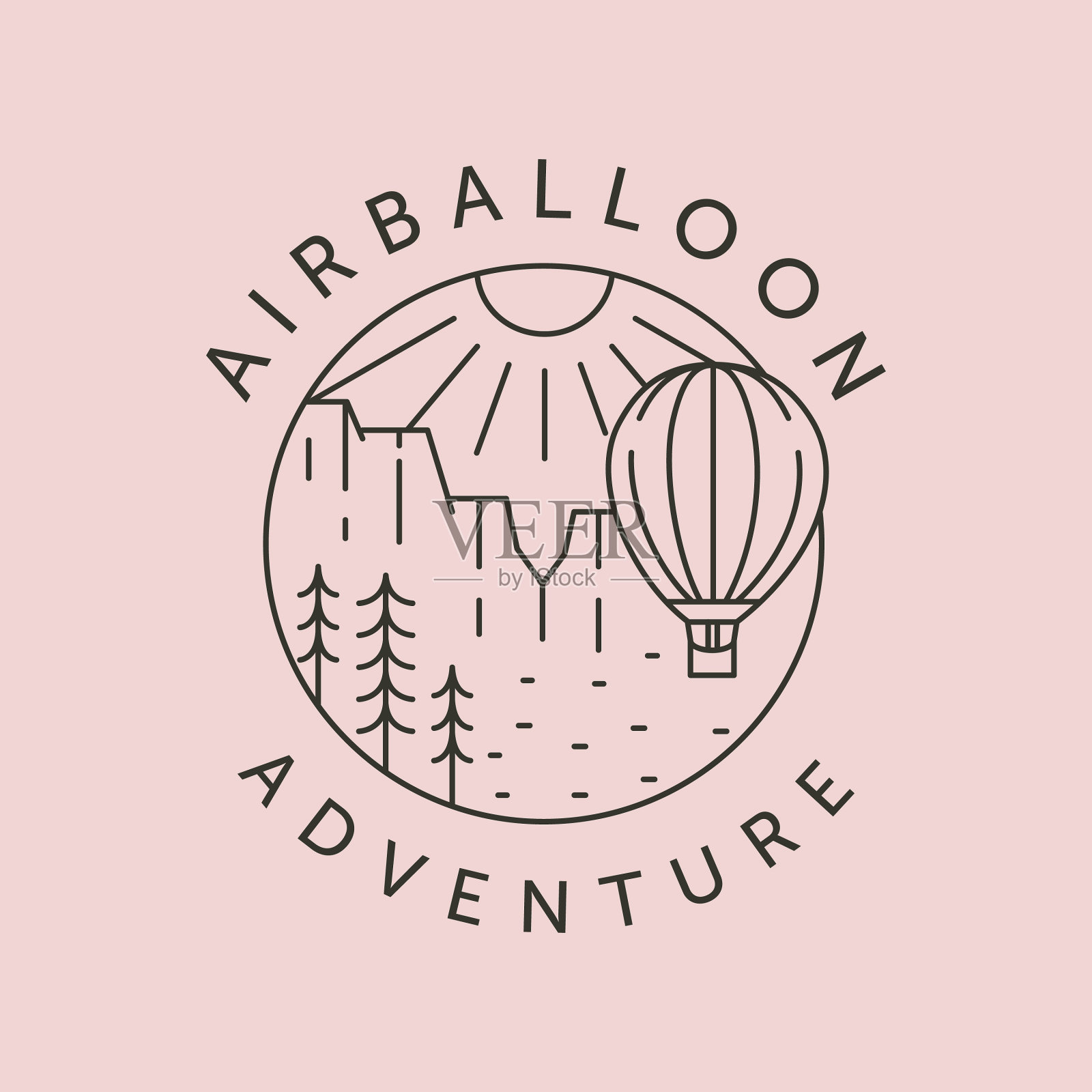 飞翔的热气球冒险和太阳线艺术插画图片素材