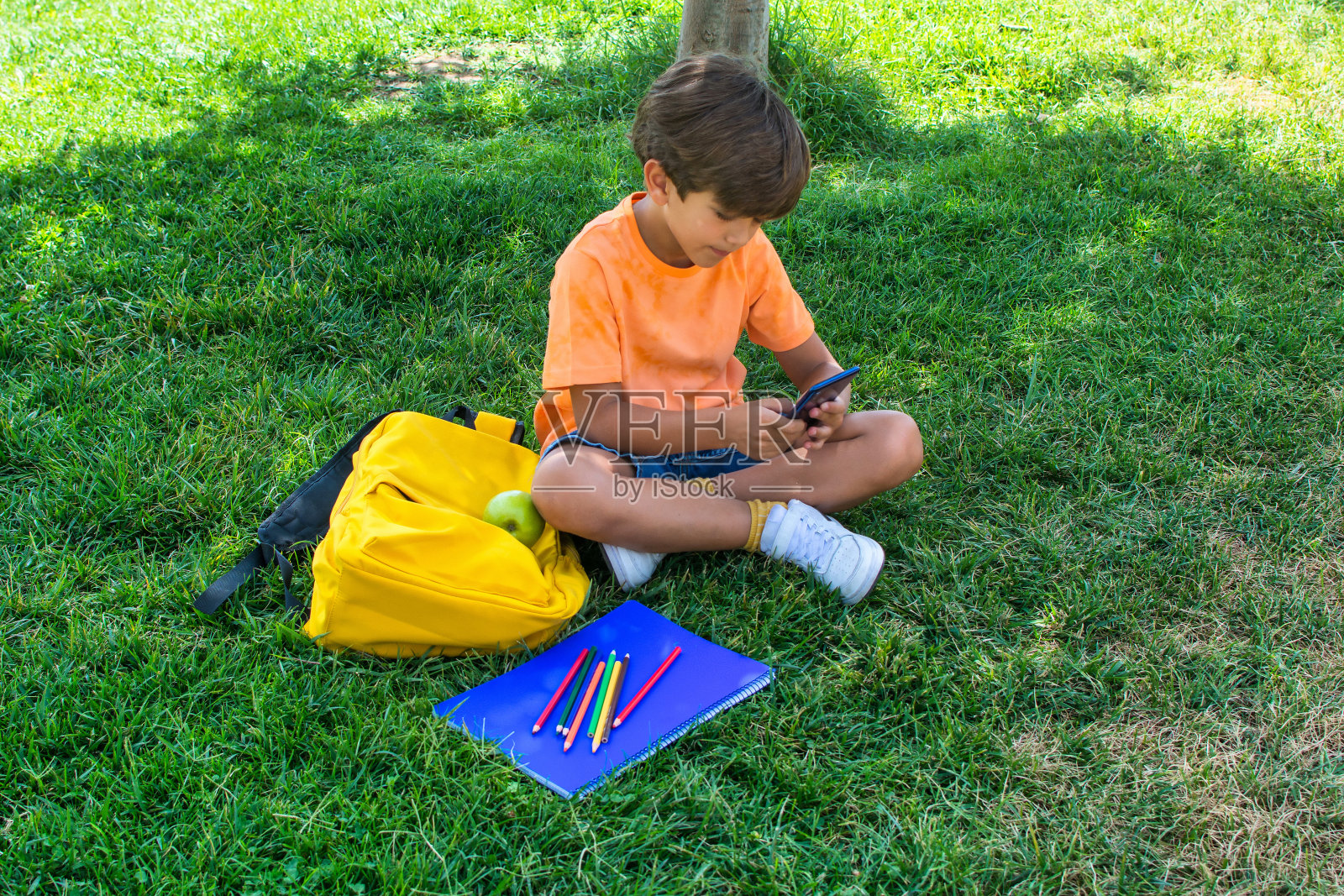 小男孩坐在草地上玩智能手机照片摄影图片