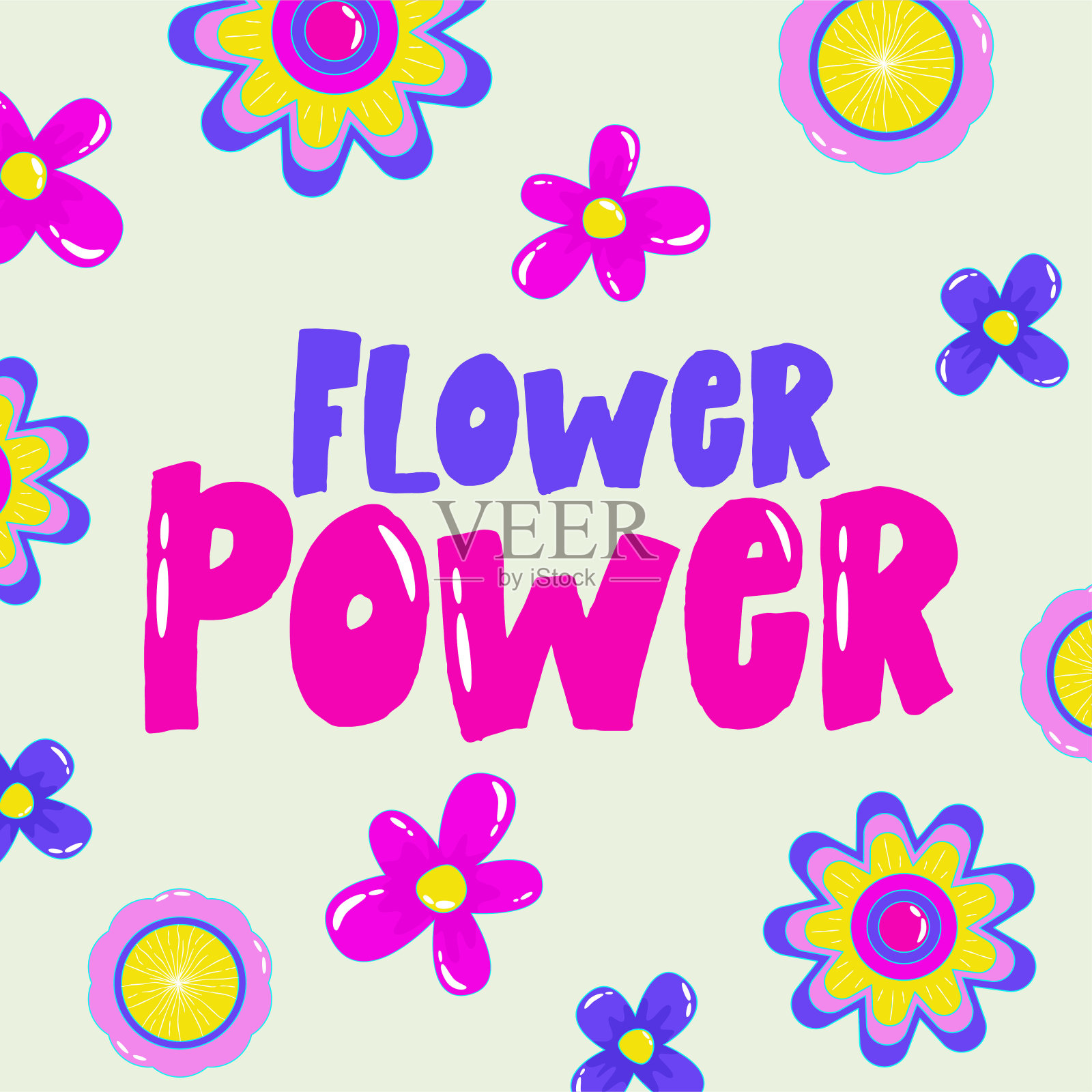 雏菊花权力海报印刷设计。抽象迷幻的图案。花的力量。有趣的矢量图。复古1990年t恤设计海报。插画图片素材