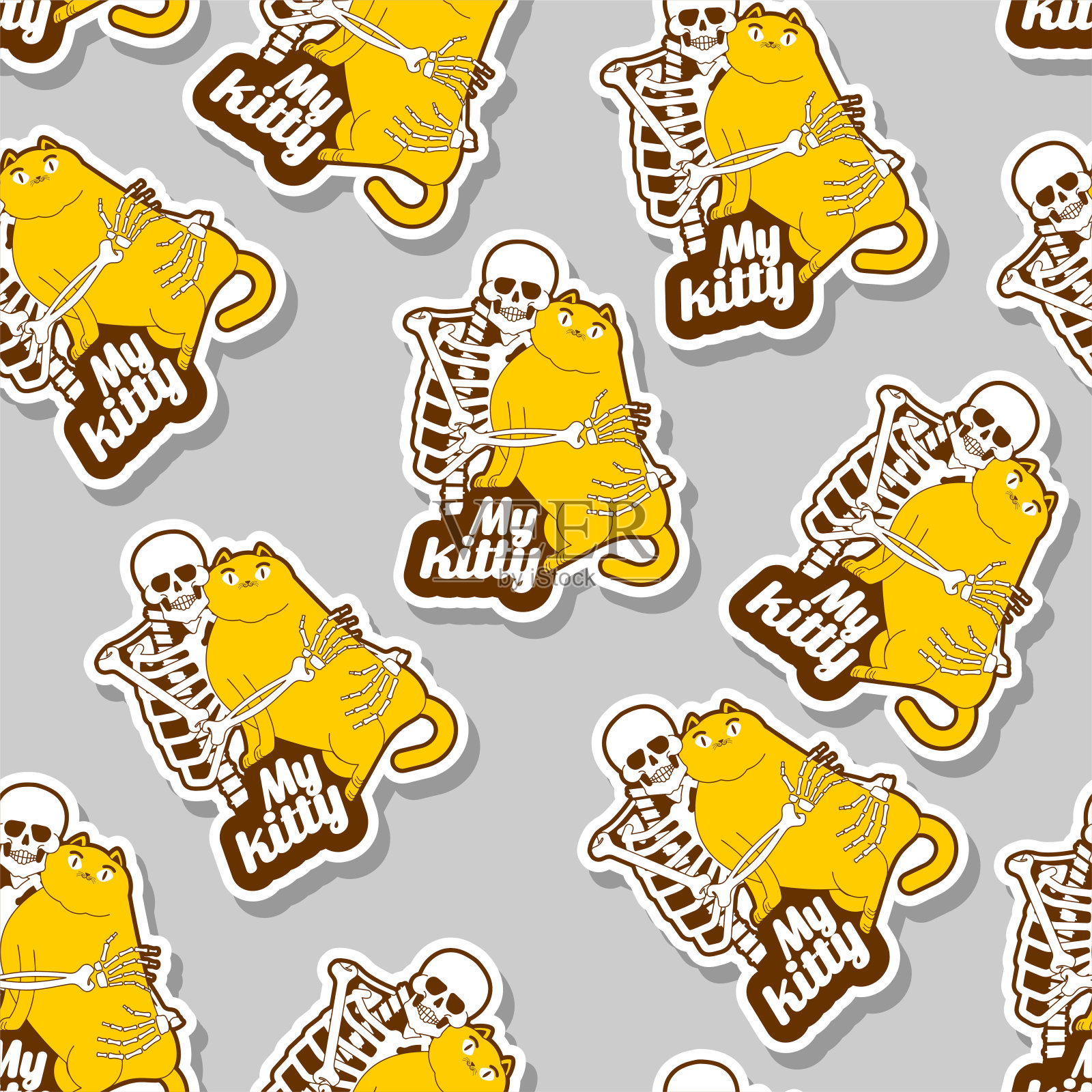 我的猫咪图案天衣无缝。骨架爱猫。骷髅抱猫的背景。死亡和小猫的纹理。设计元素图片