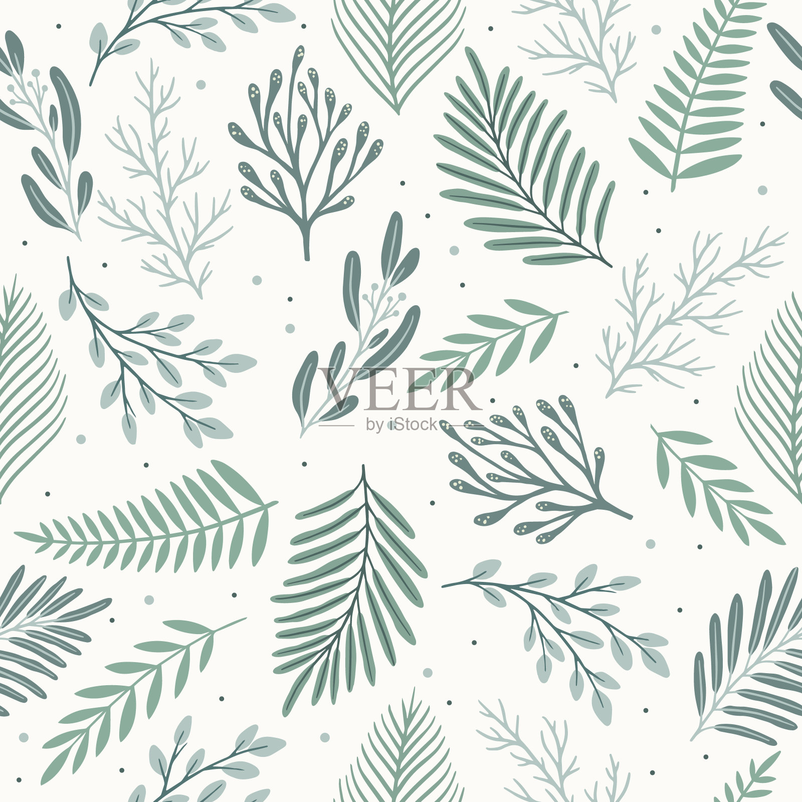 园林花卉，植物，植物，无缝图案矢量设计覆盖，织物，室内装饰。可爱的图案与植物的分支。插画图片素材