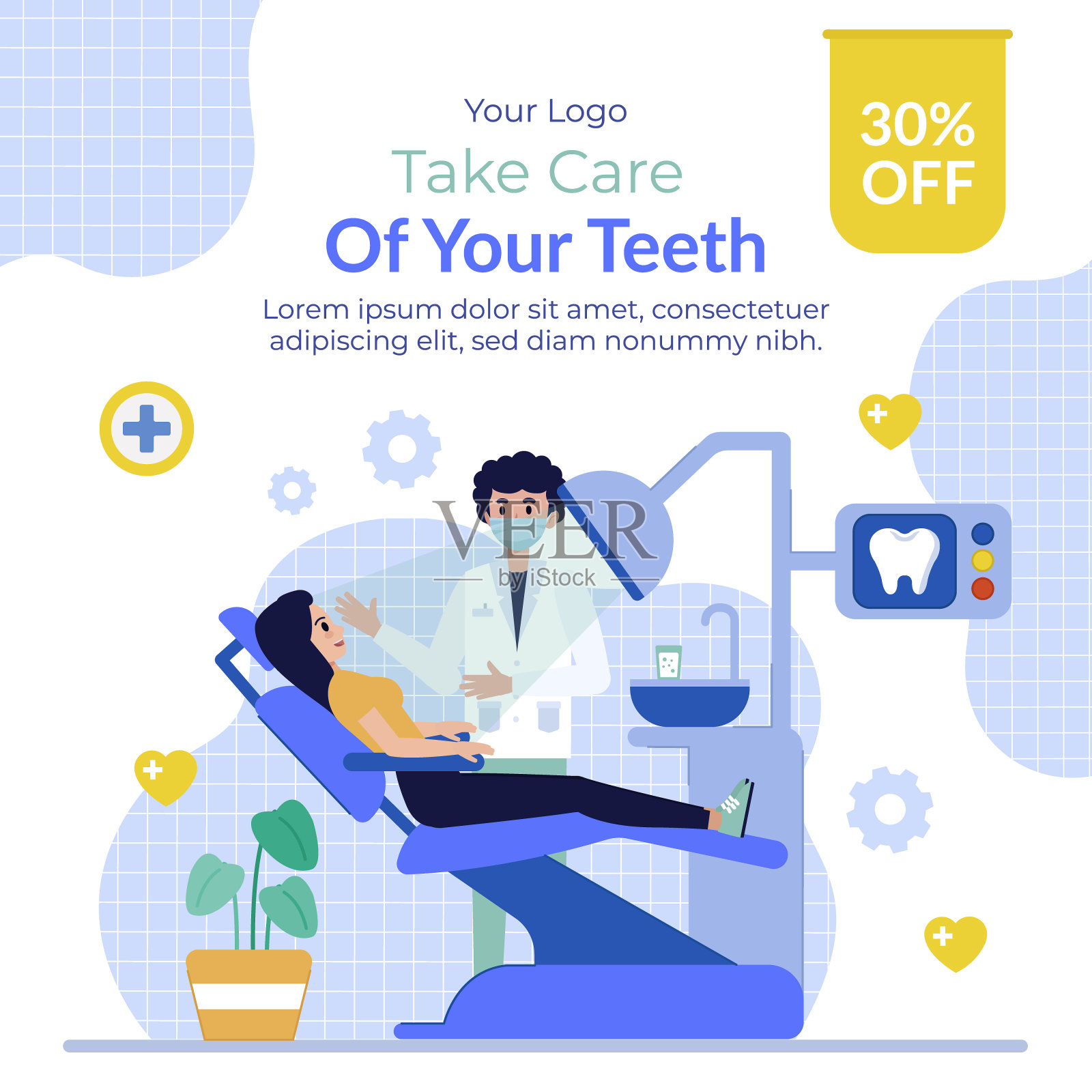 牙科诊所业务平面柱子设置矢量插图。设计模板素材