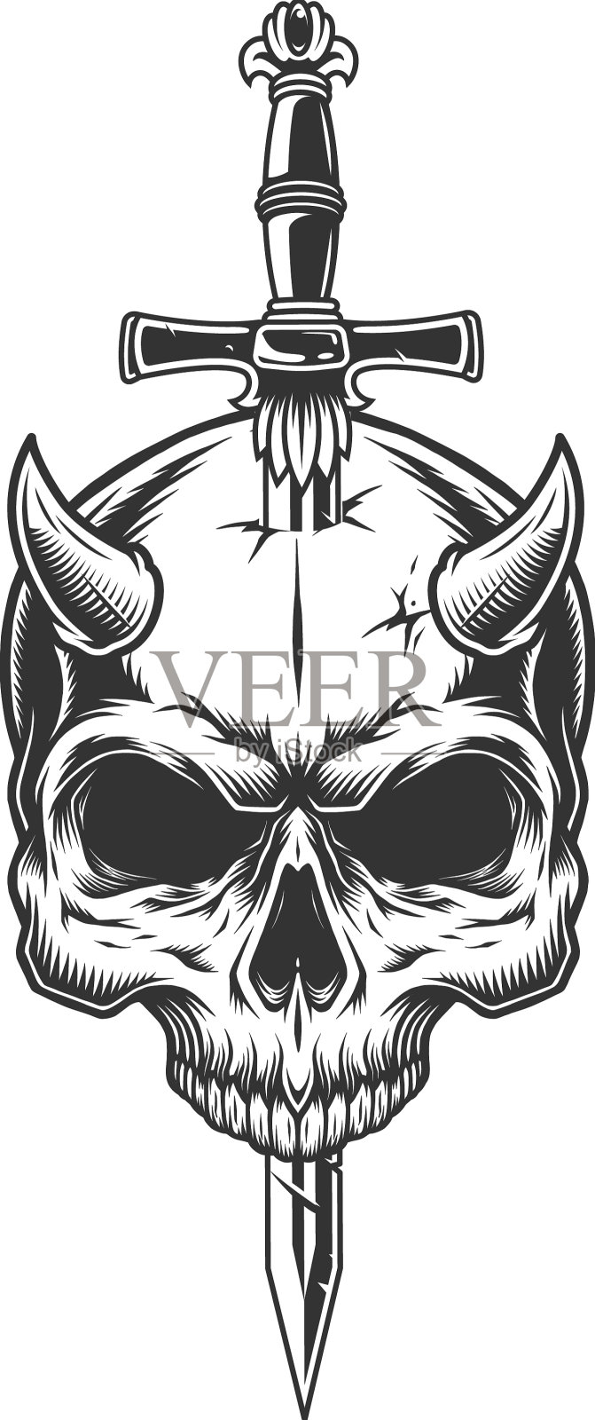 恶魔的头骨被刀刺穿设计元素图片