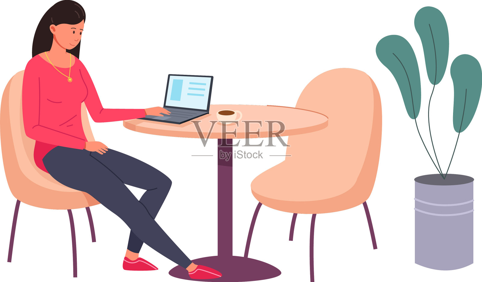 在远程咖啡馆用笔记本电脑工作的女性自由职业者设计元素图片