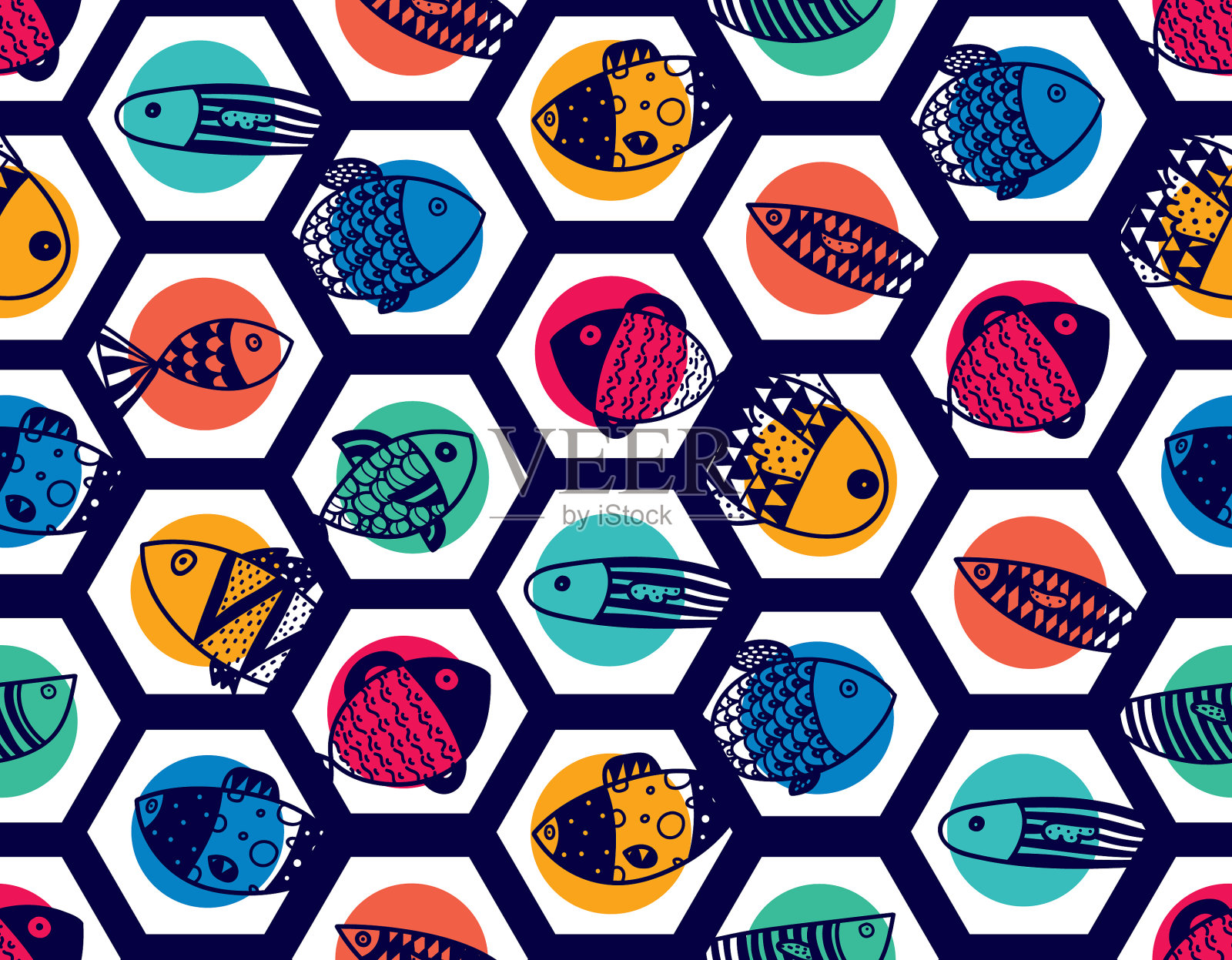 可爱的装饰鱼和圆点插画图片素材