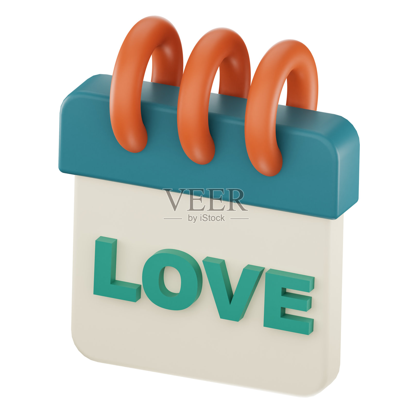 每日日历计划图标与爱的文字，日历页孤立，3D渲染，3D插图。照片摄影图片