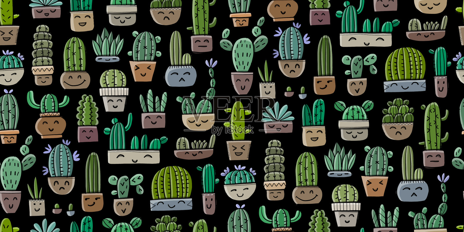 可爱的仙人掌科卡哇伊无缝盆栽插画图片素材
