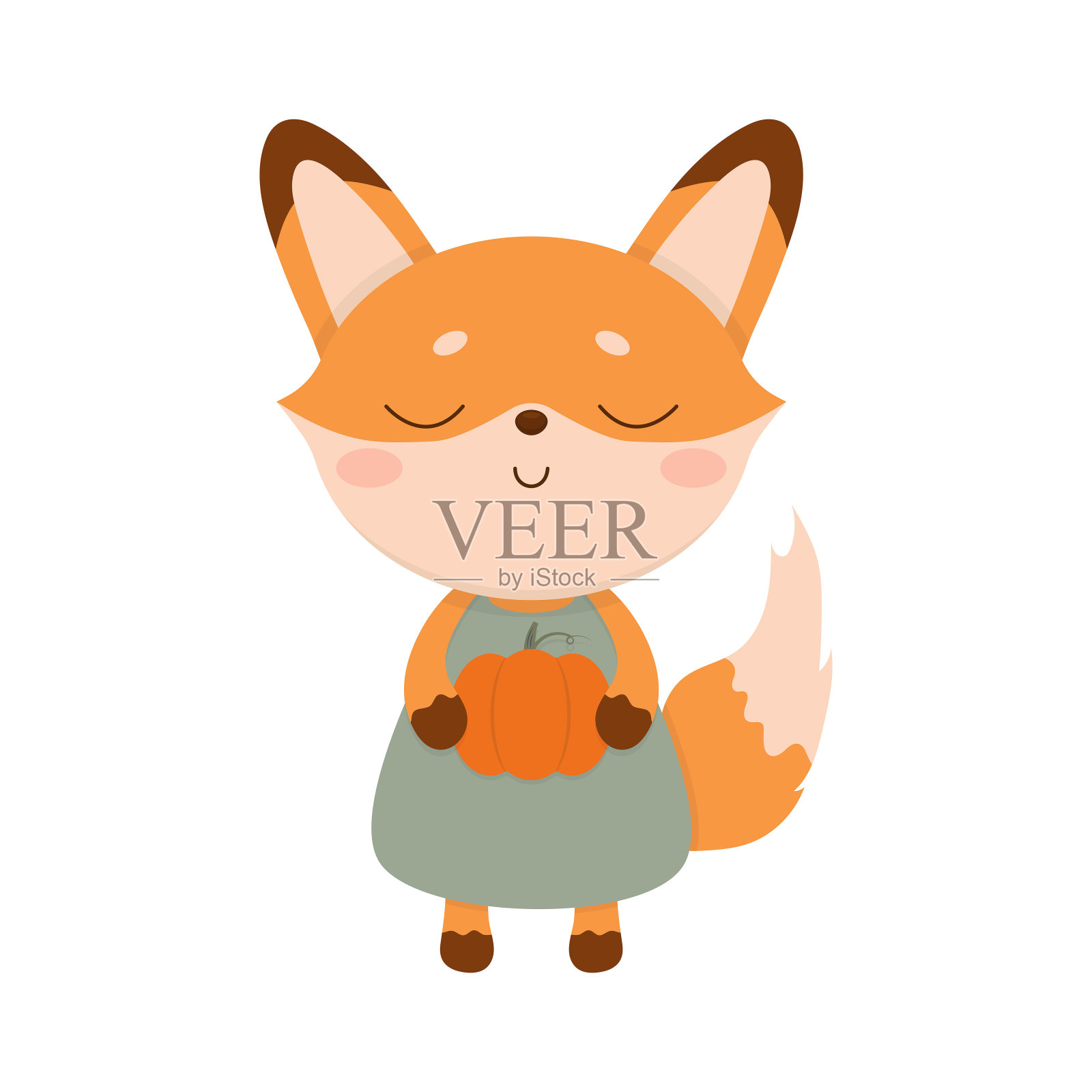 可爱的狐狸女孩穿着绿色的裙子，手里拿着一个南瓜。秋天的插图。设计元素图片