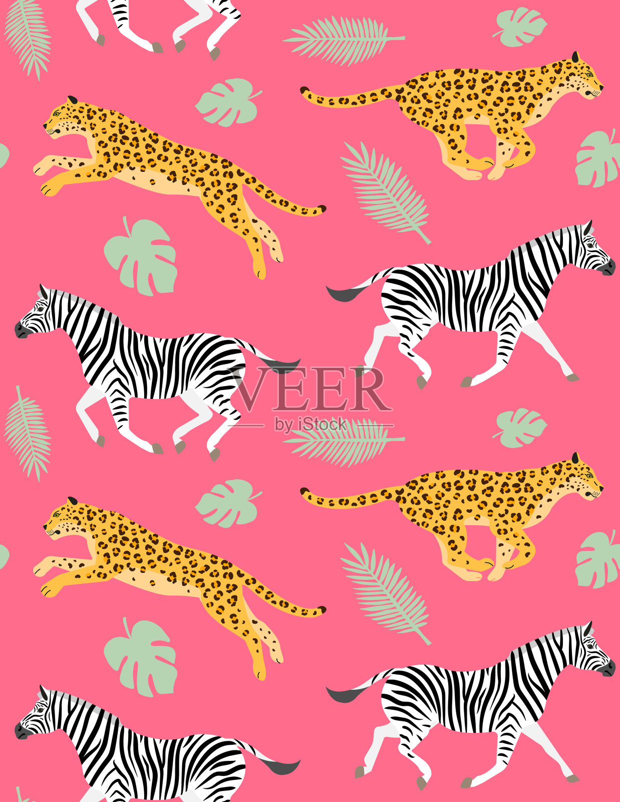 矢量无缝图案的平手绘制豹和斑马插画图片素材