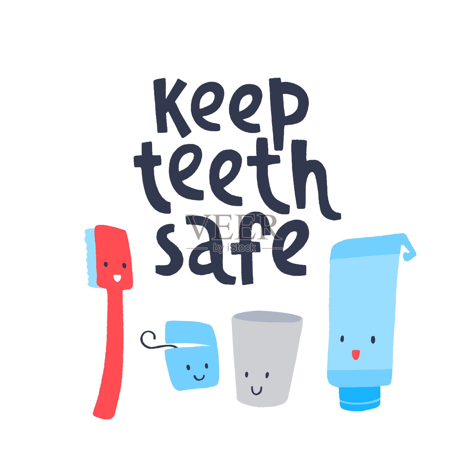 卡通插图手绘矢量字母和可爱的牙齿，牙膏和牙刷。设计元素图片