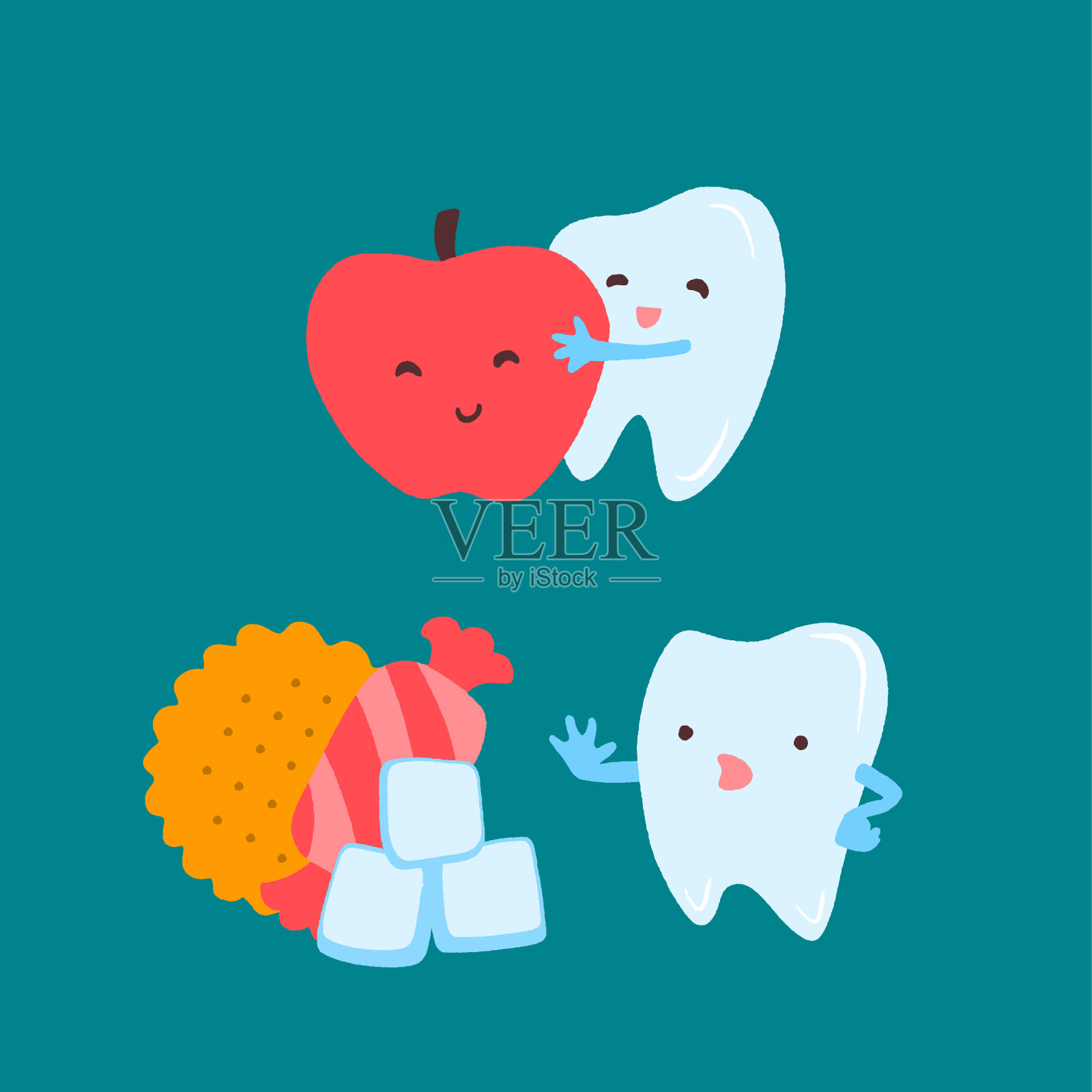 牙齿卡通人物选择了一个苹果，忽略了糖果和糖。设计元素图片