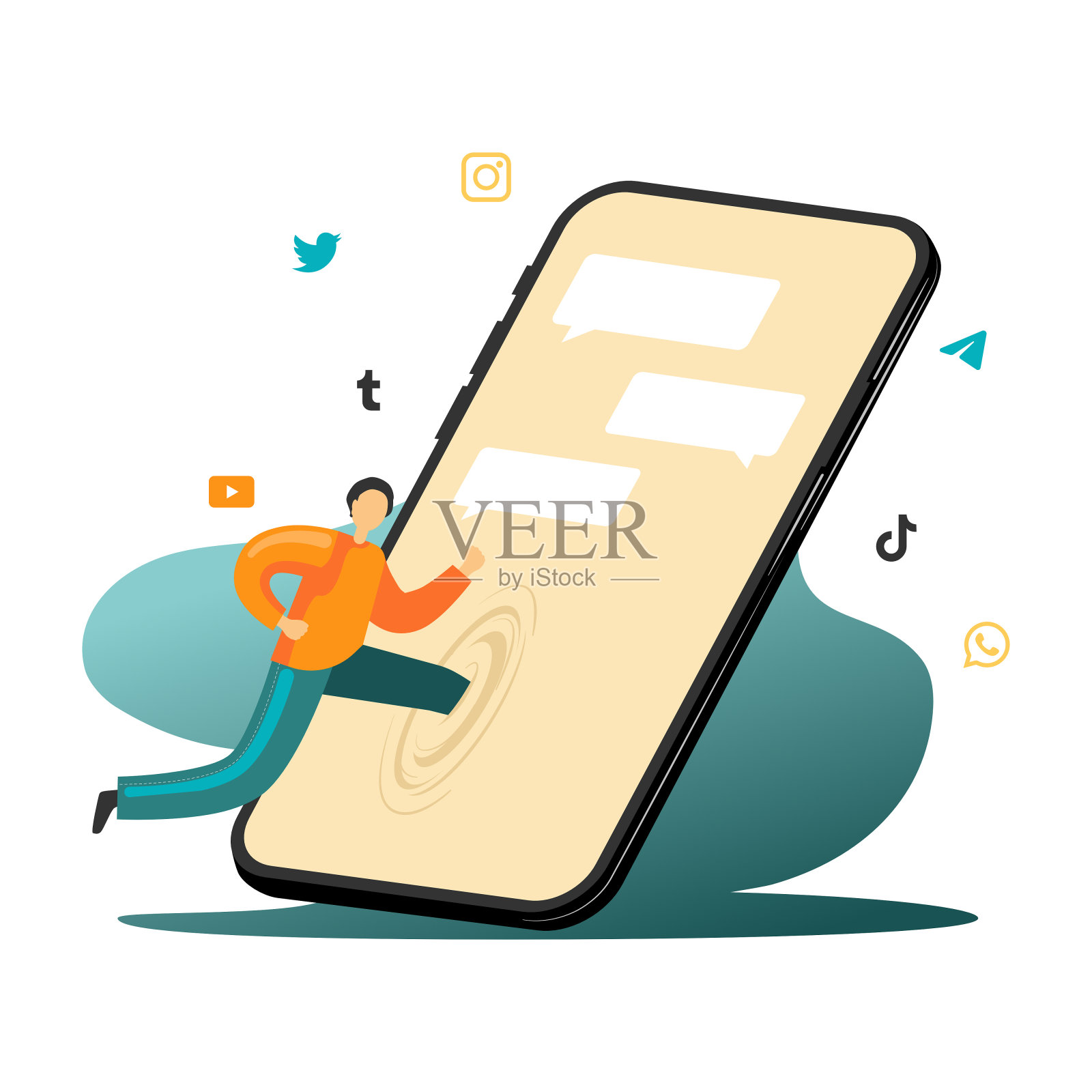 男人沉迷于手机，使用社交媒体和聊天。人与智能手机，上网和文字插图在平面设计插画图片素材