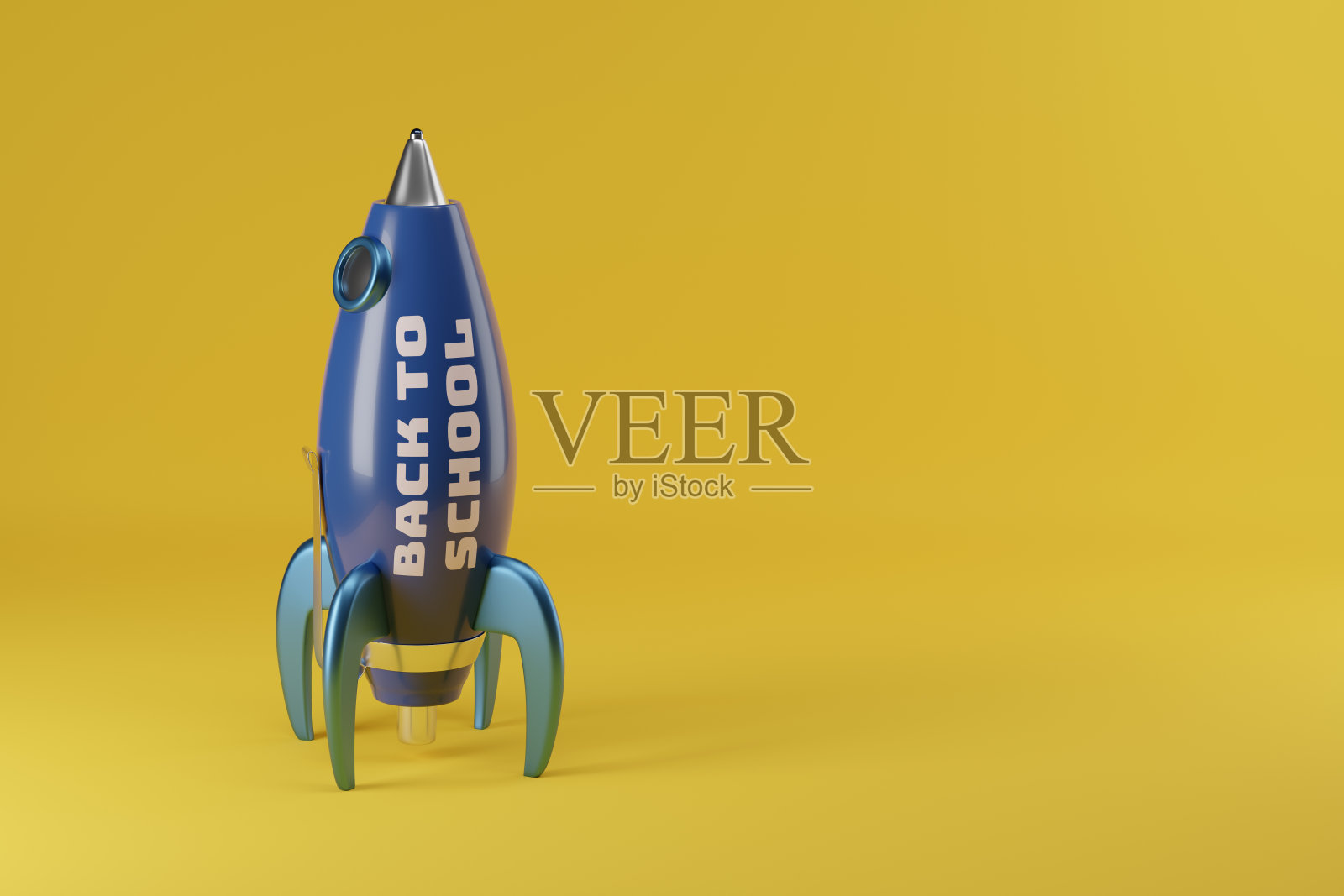 飞船在钢笔的形状和文字“回学校”的复制空间。3 d演示。照片摄影图片