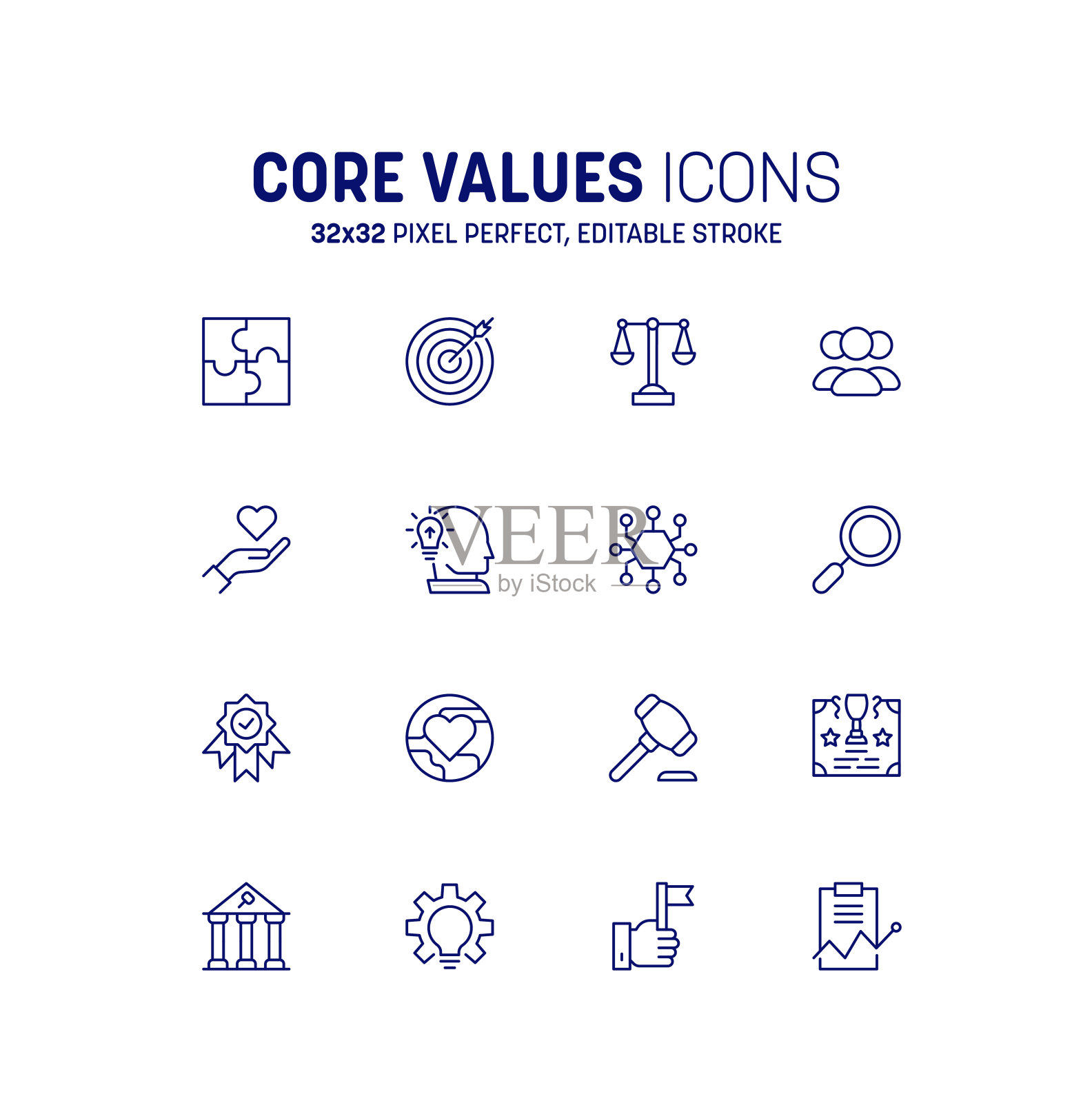 核心价值观图标。社会责任轮廓图标集。最小核心价值和完整性目标符号向量图标素材