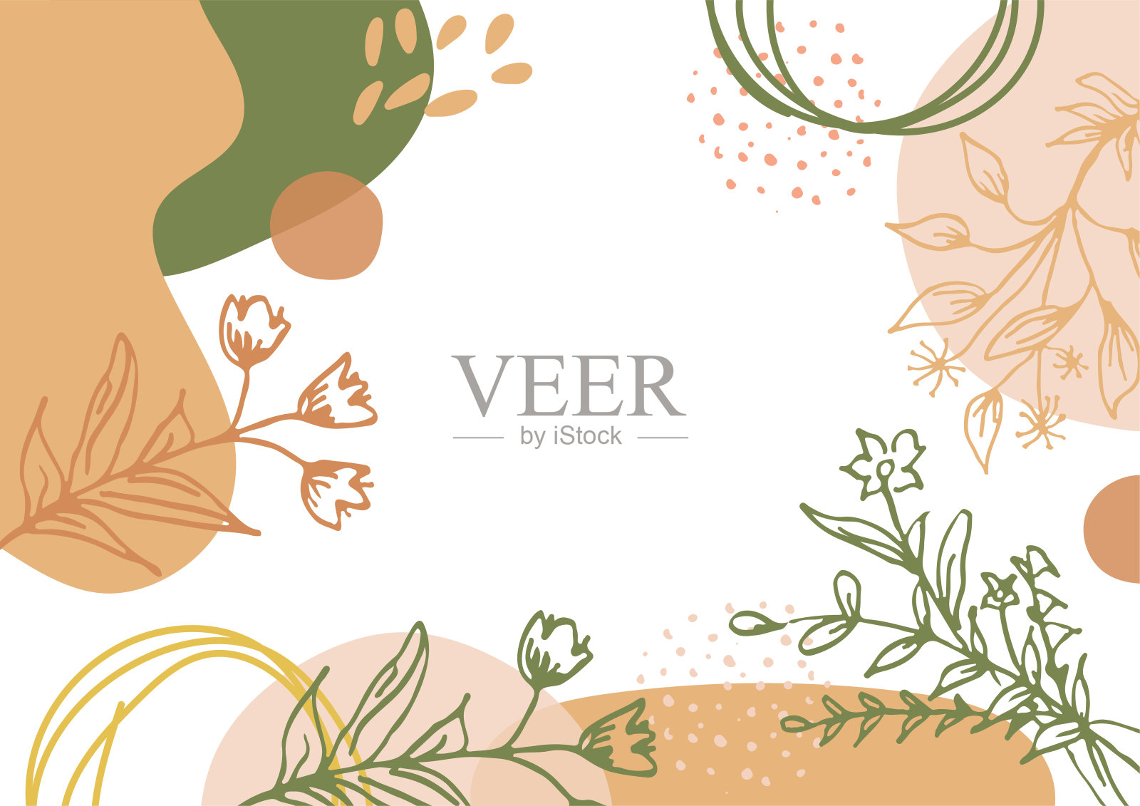 手绘最小的花卉抽象背景花，叶子，几何形式，液体，斑点，和图案。墙面装饰的时尚海报设计插画图片素材