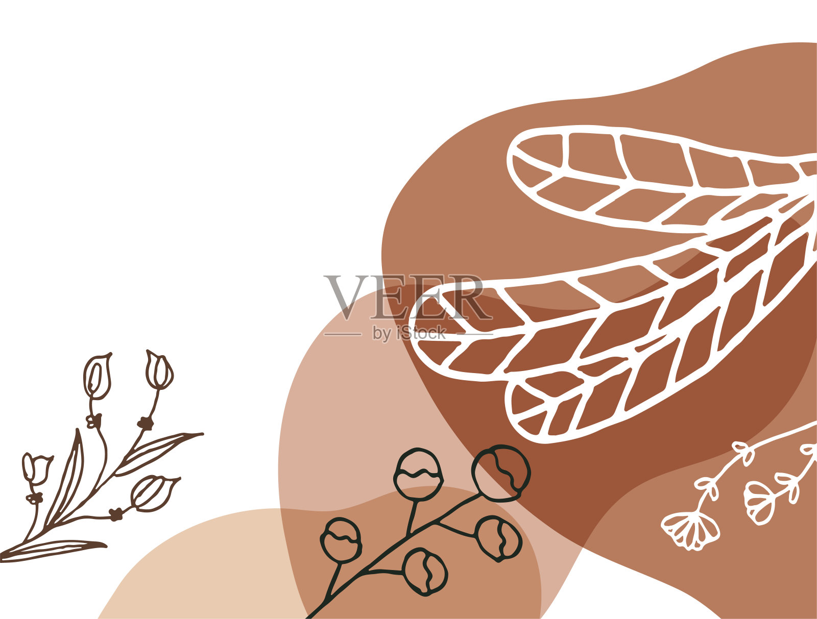 手绘最小的花卉抽象背景花，叶子，几何形式，液体，斑点，和图案。墙面装饰的时尚海报设计插画图片素材