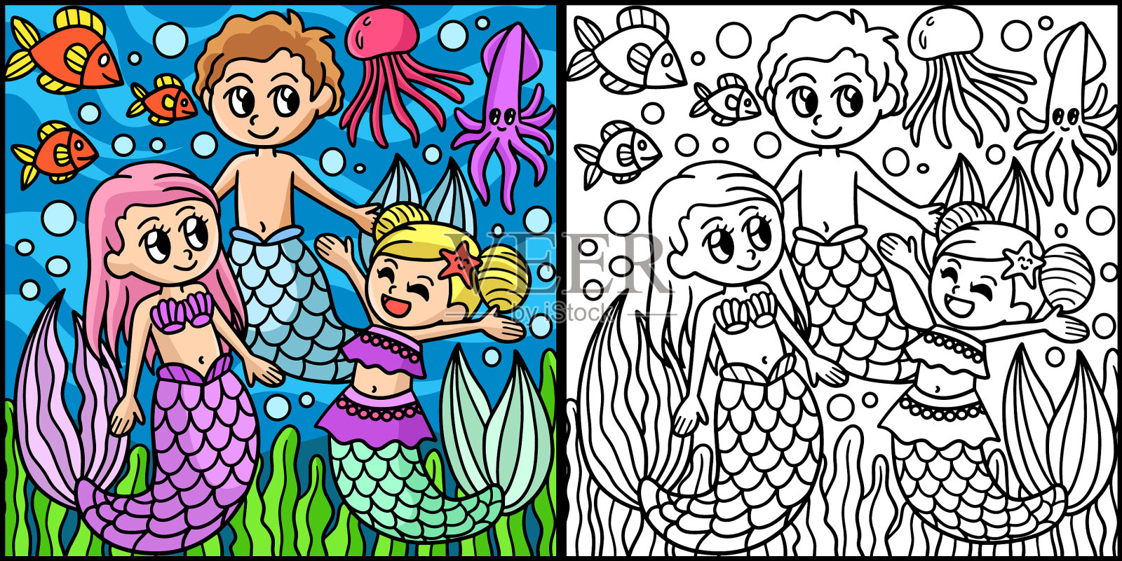 美人鱼家族着色页上色插画图片素材