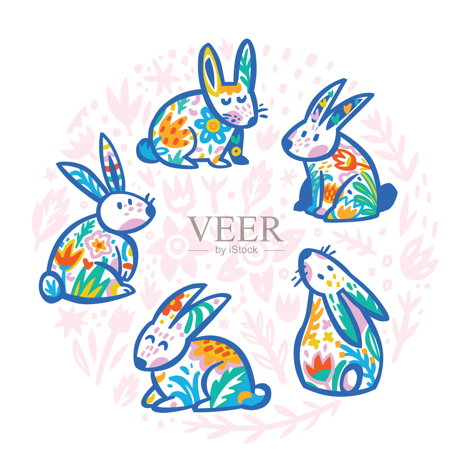 五个装饰性的兔子轮廓围成一圈设计元素图片