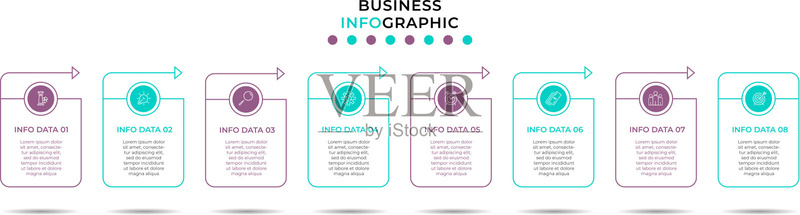 矢量信息图设计业务模板与图标和8个选项或步骤。可用于流程图、演示文稿、工作流布局、横幅、流程图、信息图插画图片素材