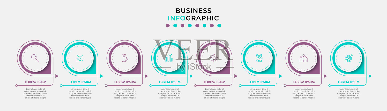 矢量信息图设计业务模板与图标和8个选项或步骤。可用于流程图、演示文稿、工作流布局、横幅、流程图、信息图插画图片素材