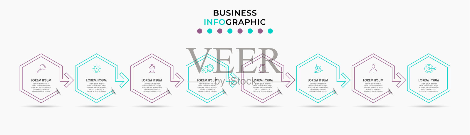 矢量信息图设计业务模板与图标和8个选项或步骤。可用于流程图、演示文稿、工作流布局、横幅、流程图、信息图设计模板素材