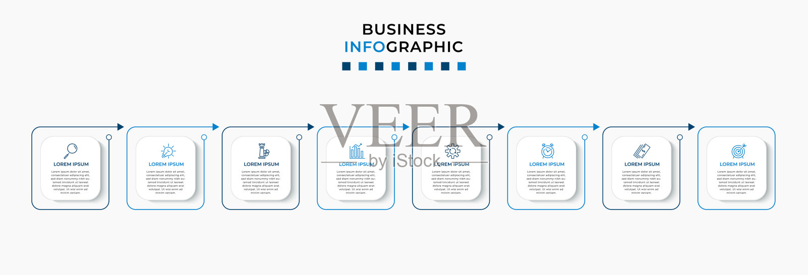 矢量信息图设计业务模板与图标和8个选项或步骤。可用于流程图、演示文稿、工作流布局、横幅、流程图、信息图插画图片素材
