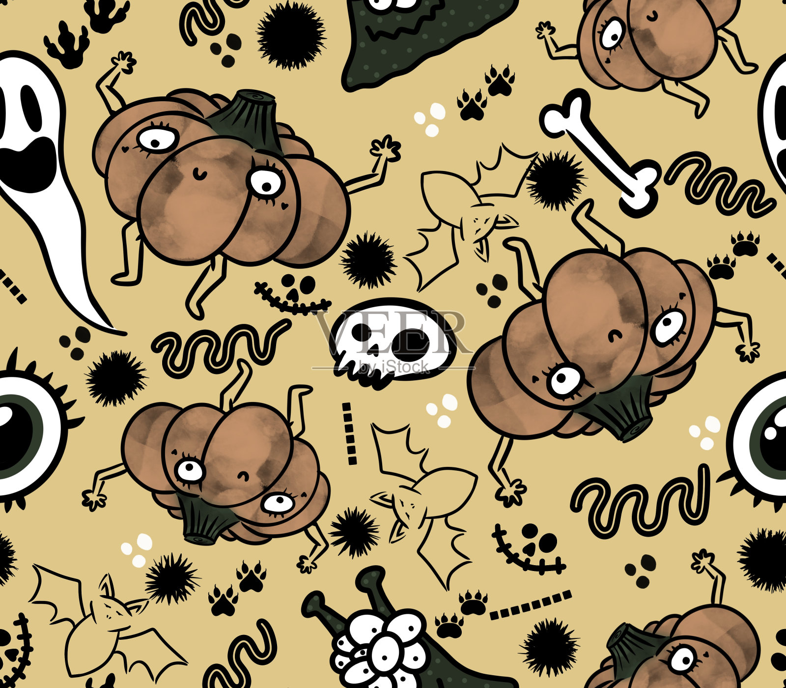万圣节无缝南瓜图案的织物和纺织品和包装插画图片素材