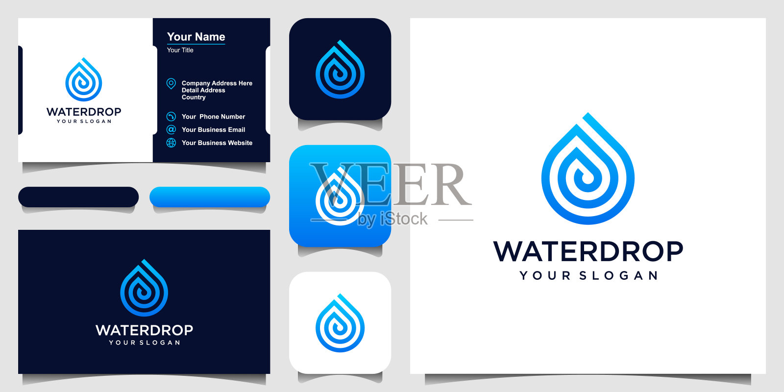 水线标志设计。水滴与线条艺术风格的移动概念和网页设计。名片设计插画图片素材