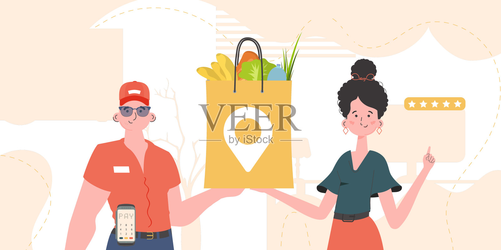 交付的概念。一名男快递员拿着一个装着杂货的包裹。卡通风格。向量。插画图片素材