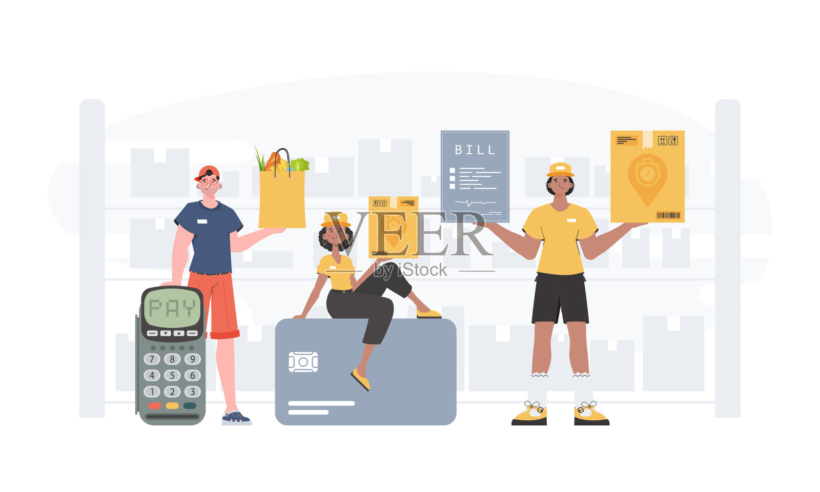 食品和包裹递送人员团队。家居产品。食品交付。完成了海报。时髦的公寓风格。向量。插画图片素材