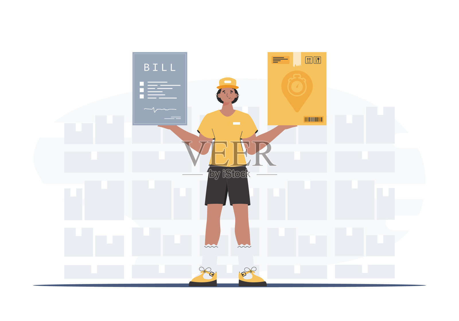 交付的概念。男快递员拿着包裹和支票。时髦的公寓风格。向量。插画图片素材