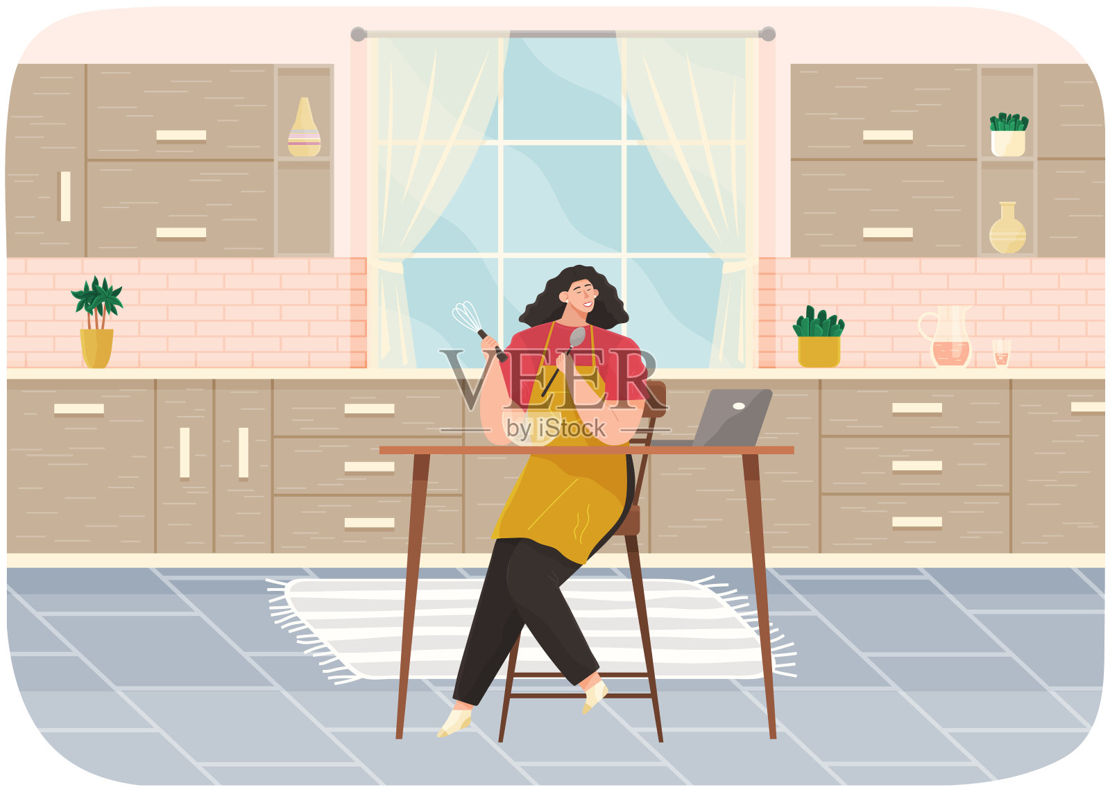 年轻的女人在厨房里做沙拉，站在桌子旁边，看着烹饪视频博客插画图片素材