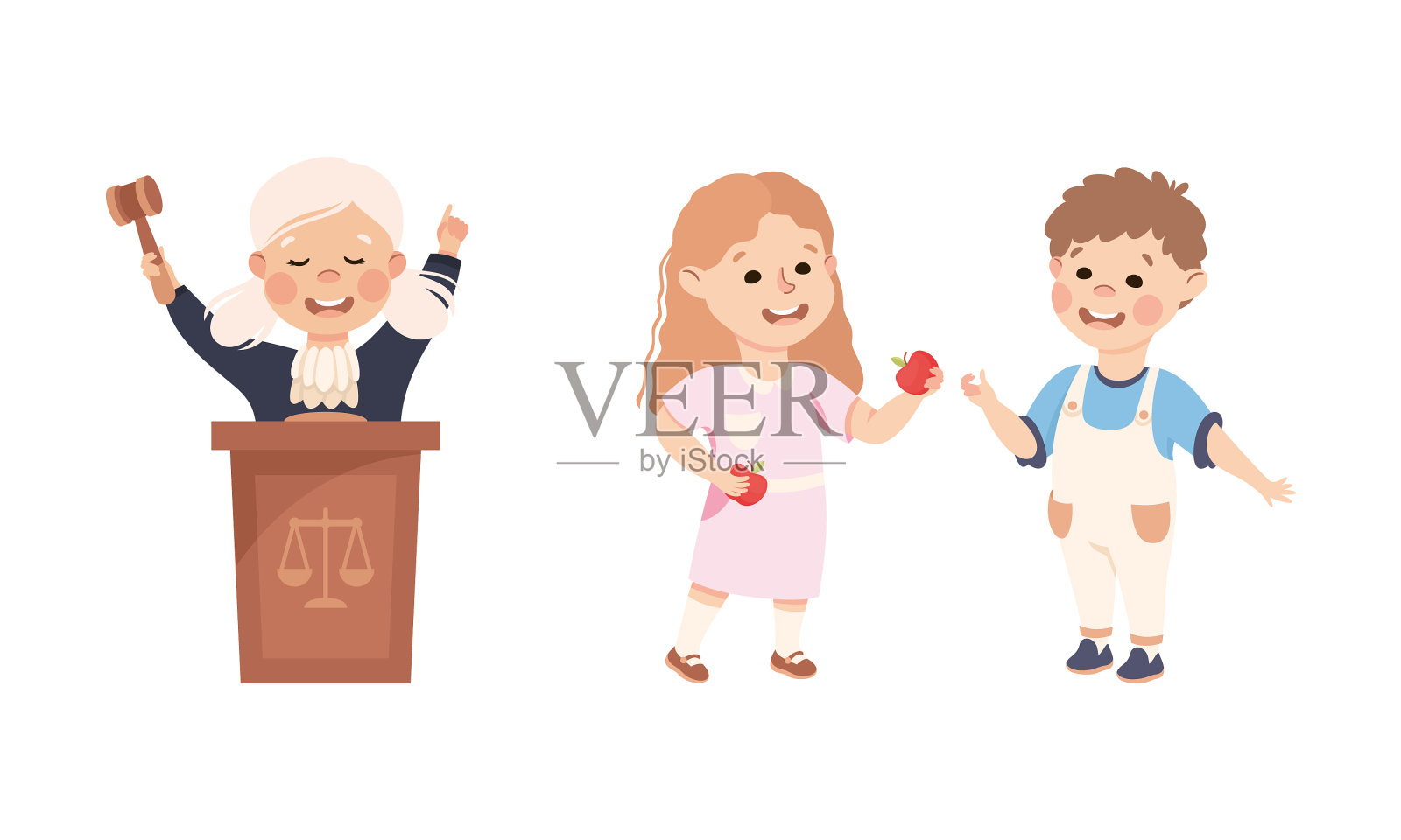 善良美丽的小女孩和男孩分享苹果设计元素图片