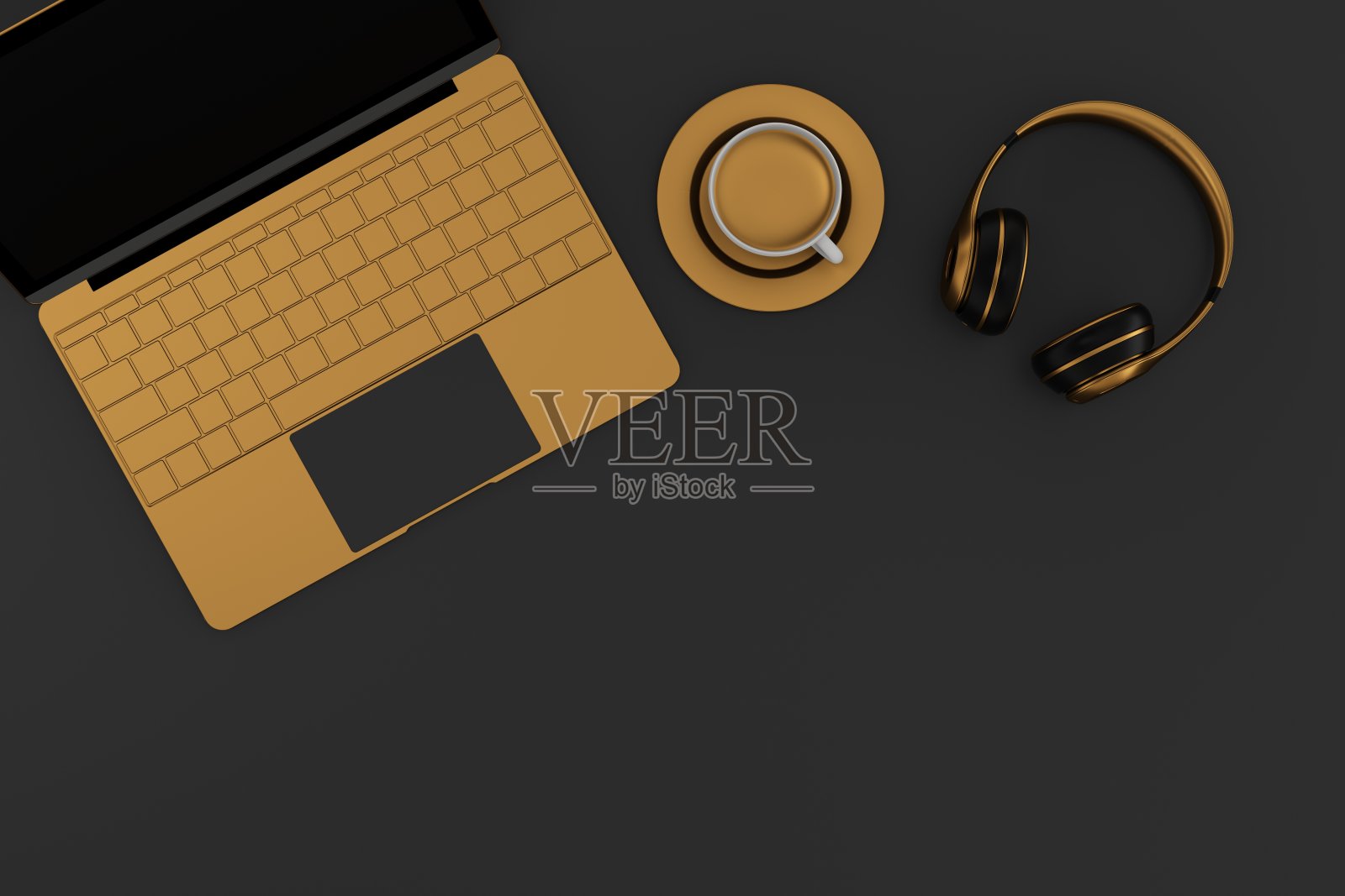 俯视图桌面与笔记本电脑，耳机，杯咖啡3d渲染。照片摄影图片