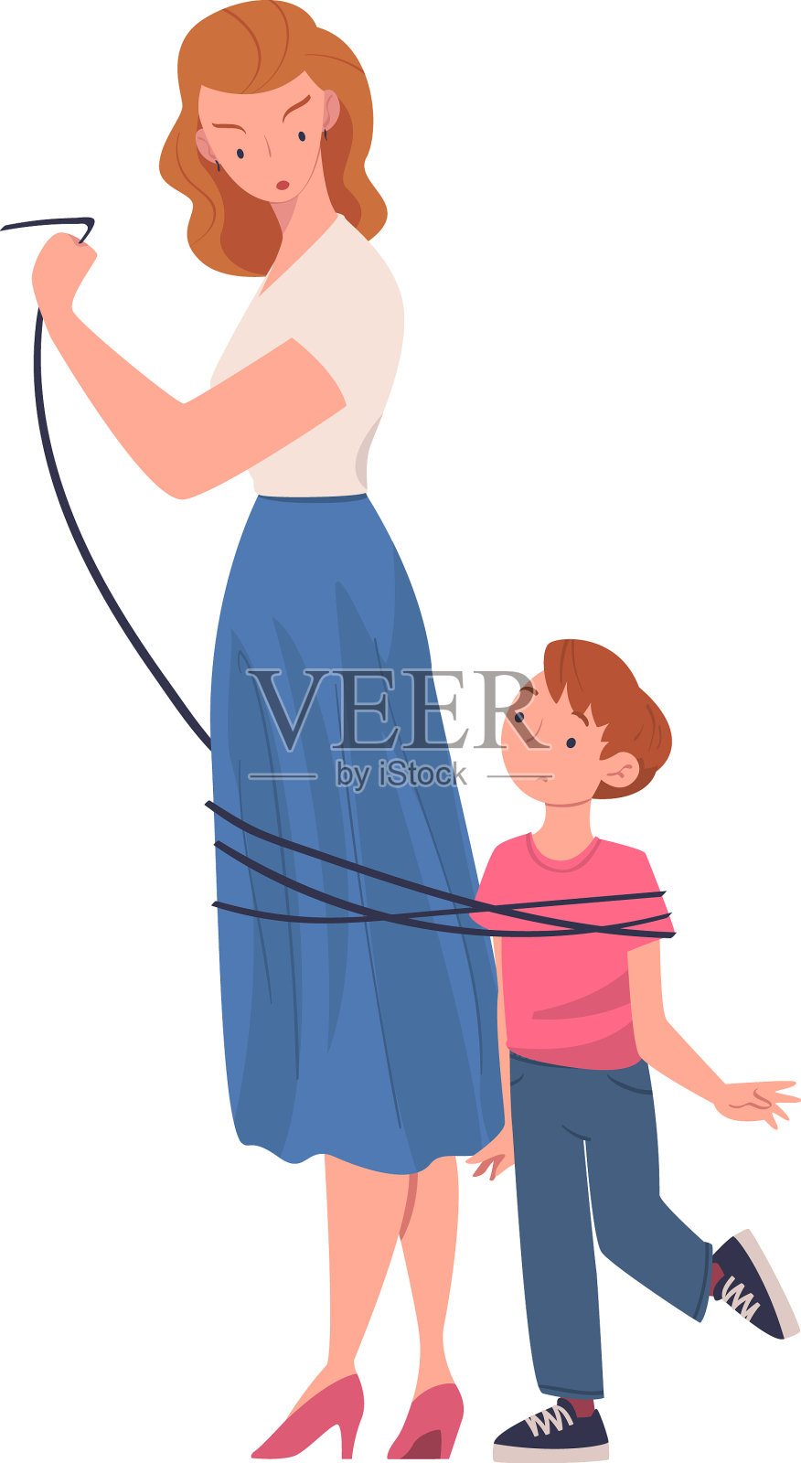 女人母亲用绳子把她的小儿子捆成设计元素图片