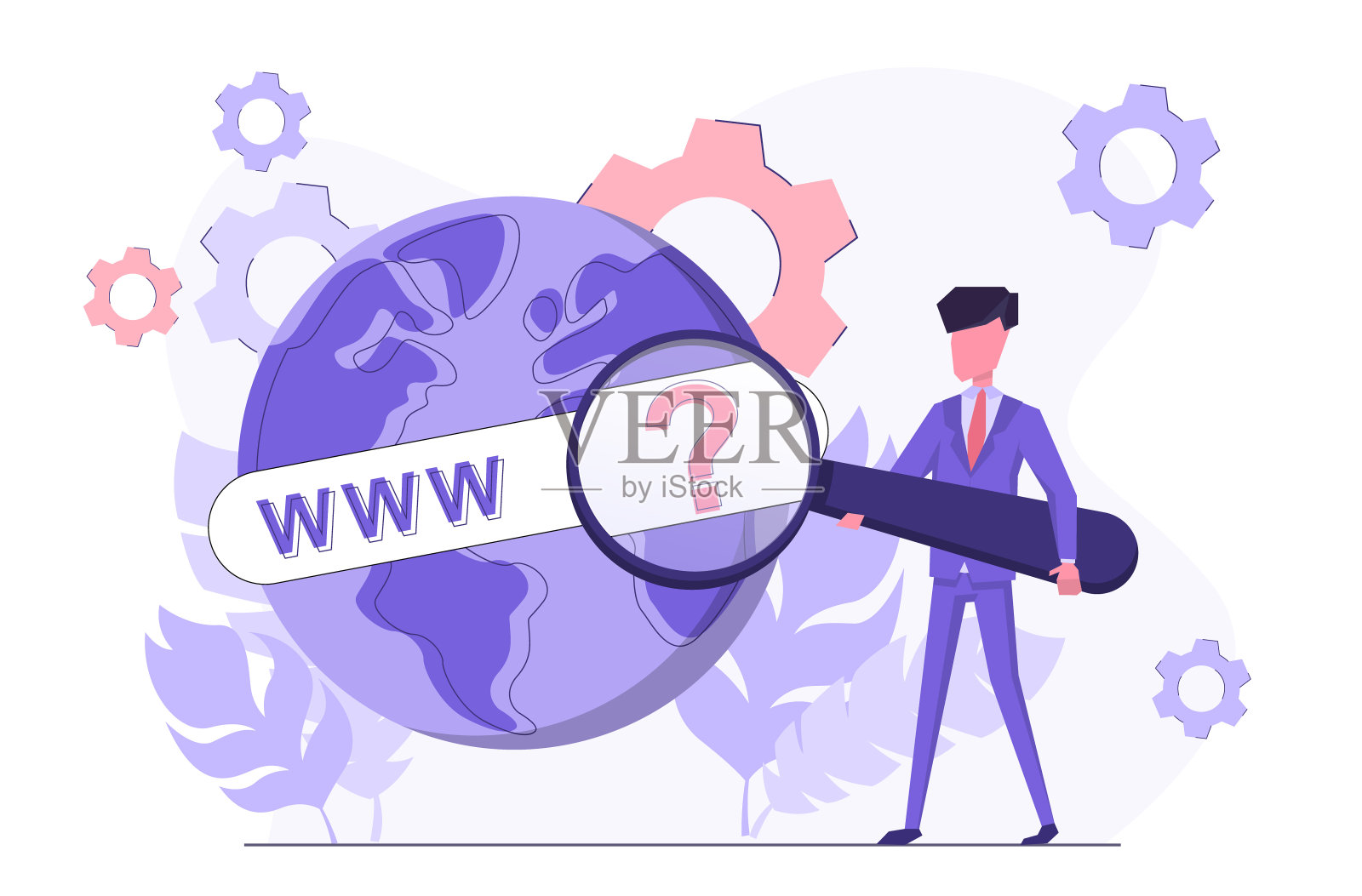 网络搜索。一个男人拿着放大镜看着搜索栏。背景中的地球插画图片素材