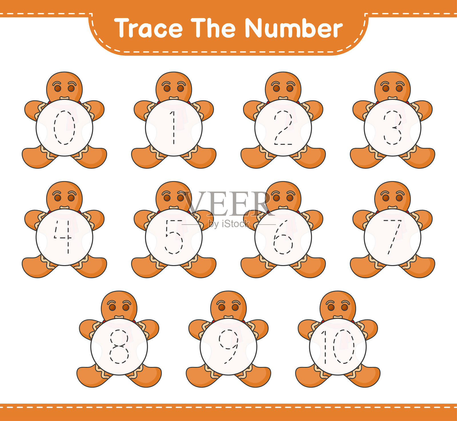 跟踪号码。用姜饼人追踪号码。教育儿童游戏，可打印的工作表，矢量插图插画图片素材