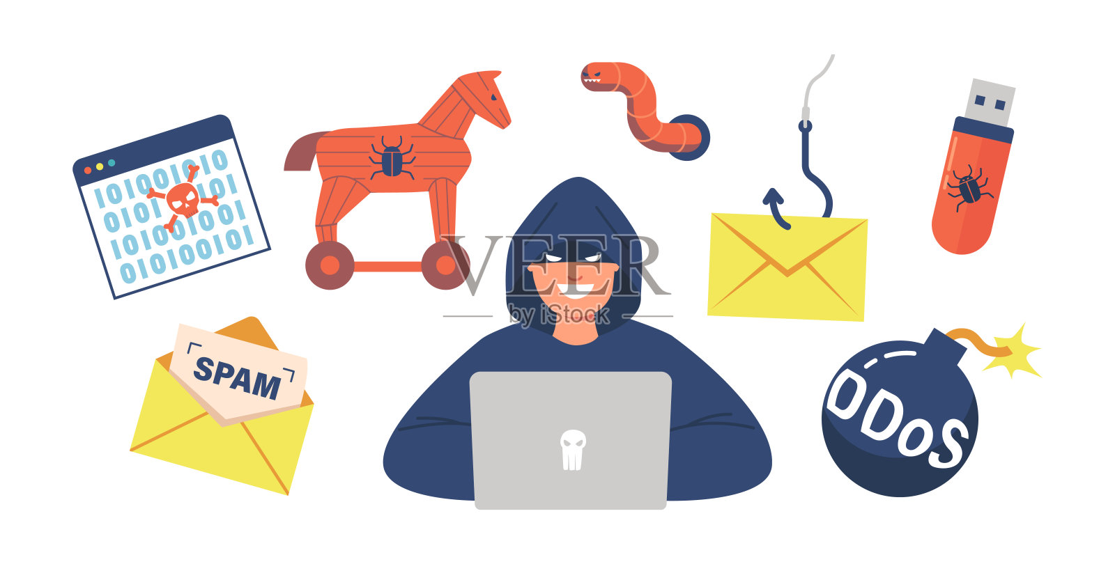 一套黑客图标木马，蠕虫，内存棒与漏洞，匿名人与笔记本电脑，垃圾邮件，Ddos炸弹插画图片素材