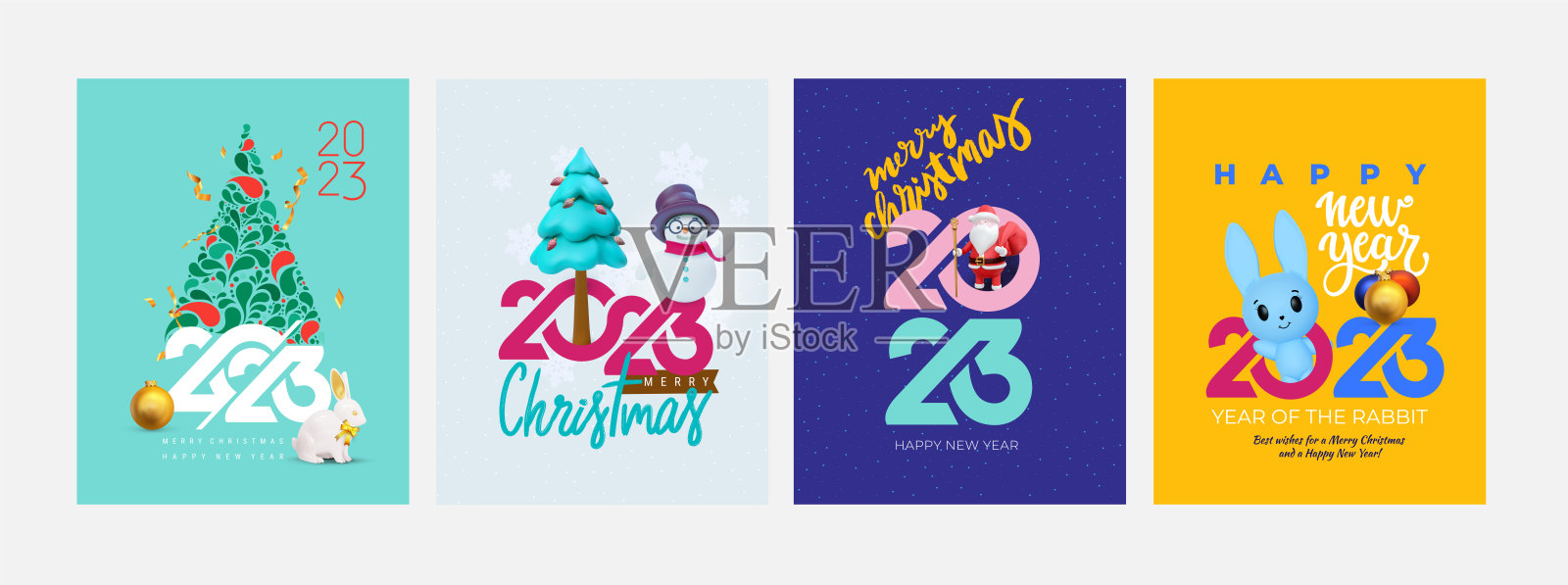 一套2023年新年贺岁海报。设计模板与版式标志2023庆祝和季节装饰的创意概念。极简3D现实主义品牌，旗帜，封面的潮流。插画图片素材