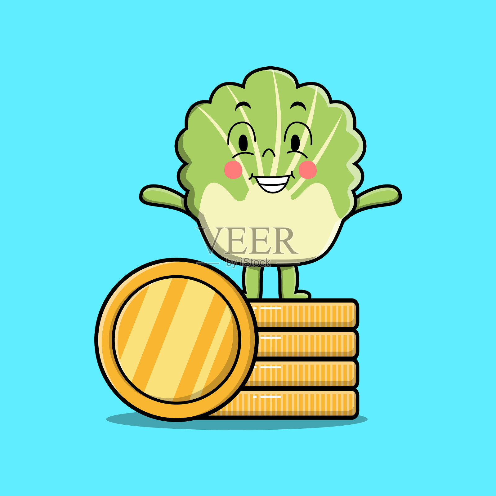 卡通大白菜站在堆叠的金币插画图片素材