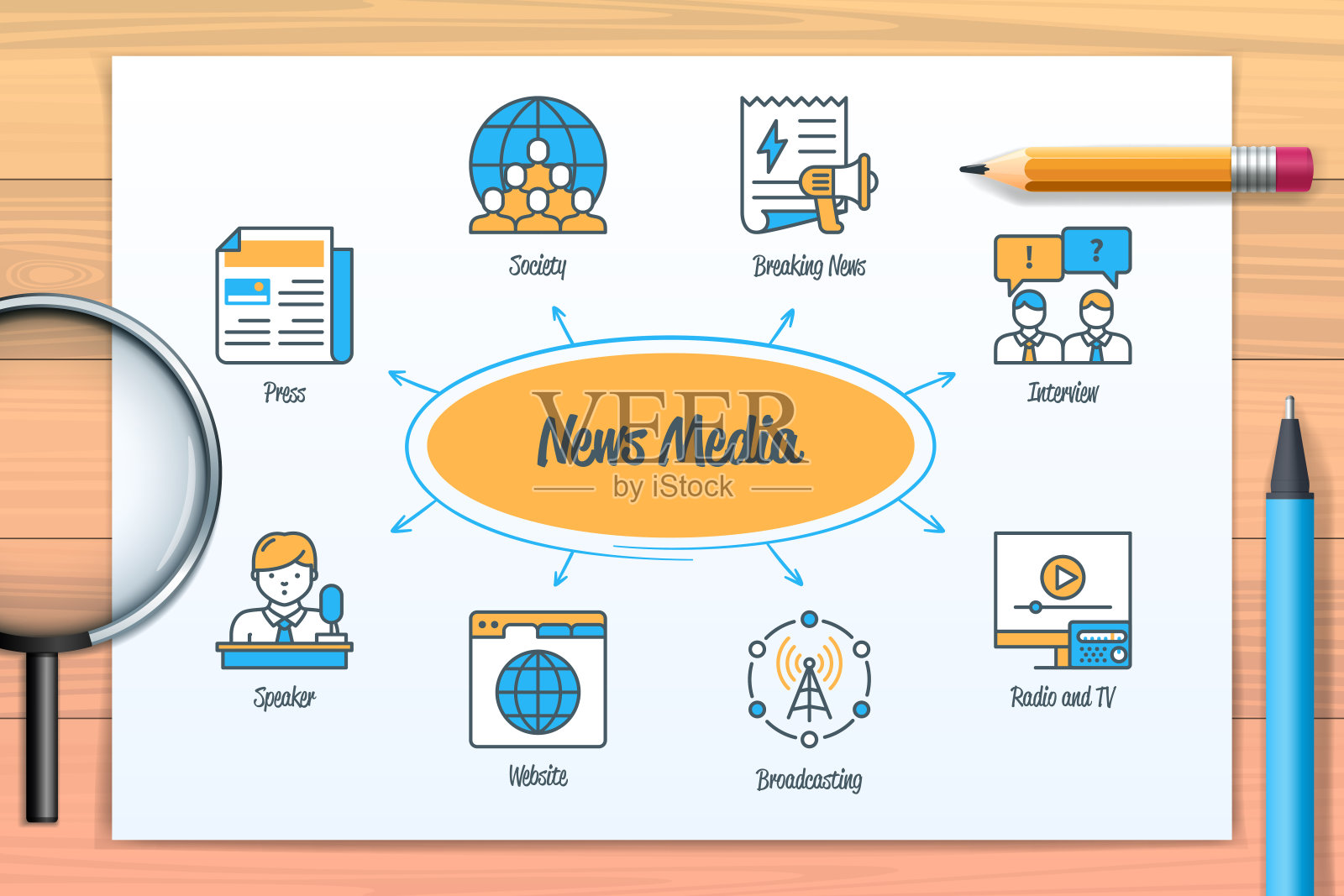 新闻媒体图表与图标和关键词插画图片素材