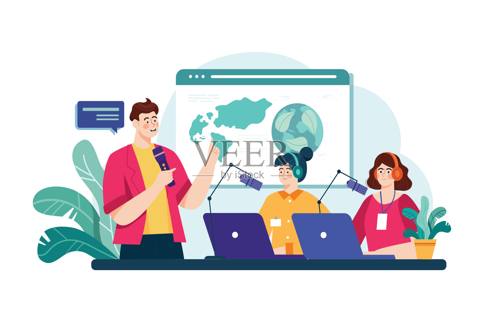 人们记录会议播客插图概念。平面插图孤立在白色背景上插画图片素材