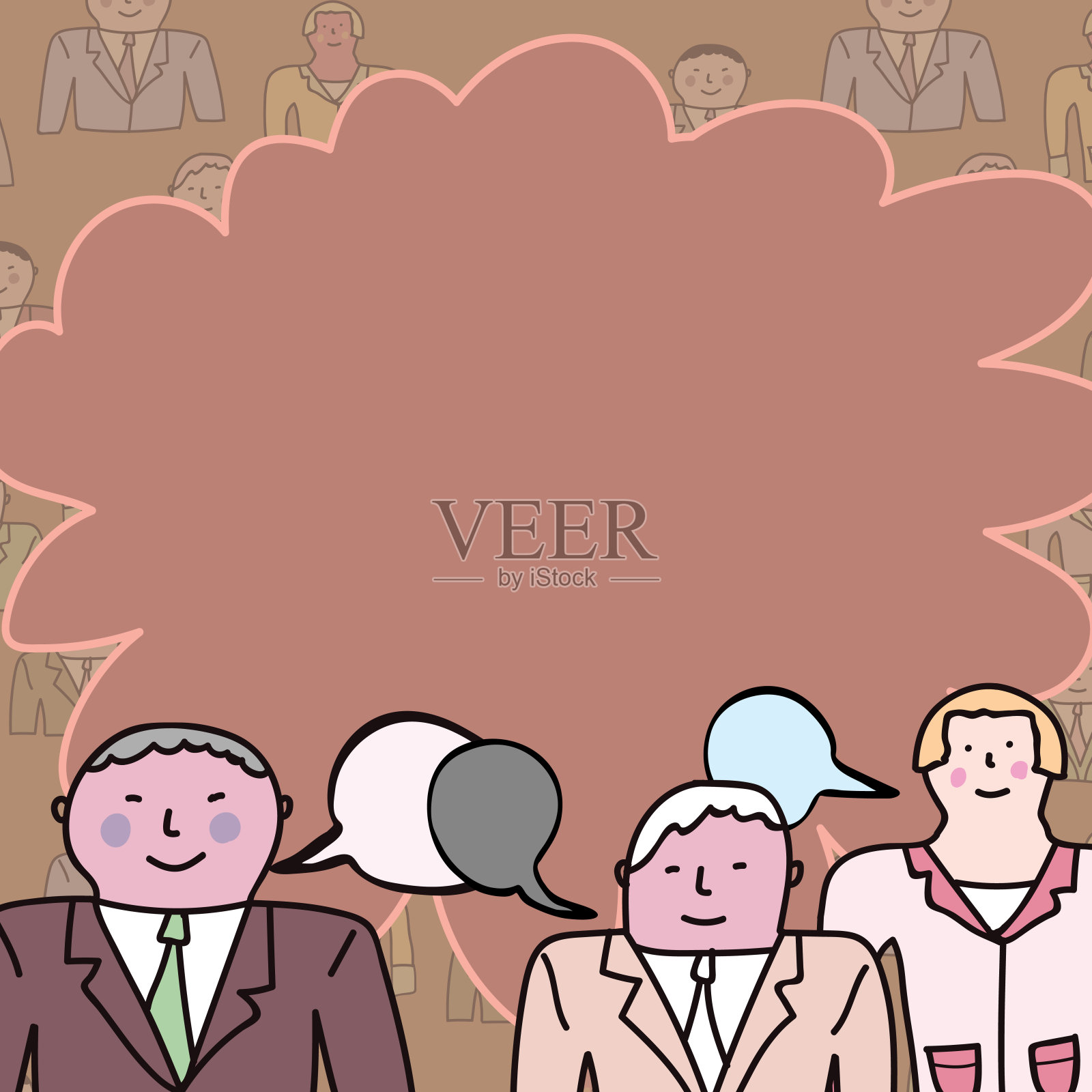 商务人士在会议上的交流和头脑风暴。三个同事讨论重要新闻。经理向同事传达新的好主意。插画图片素材