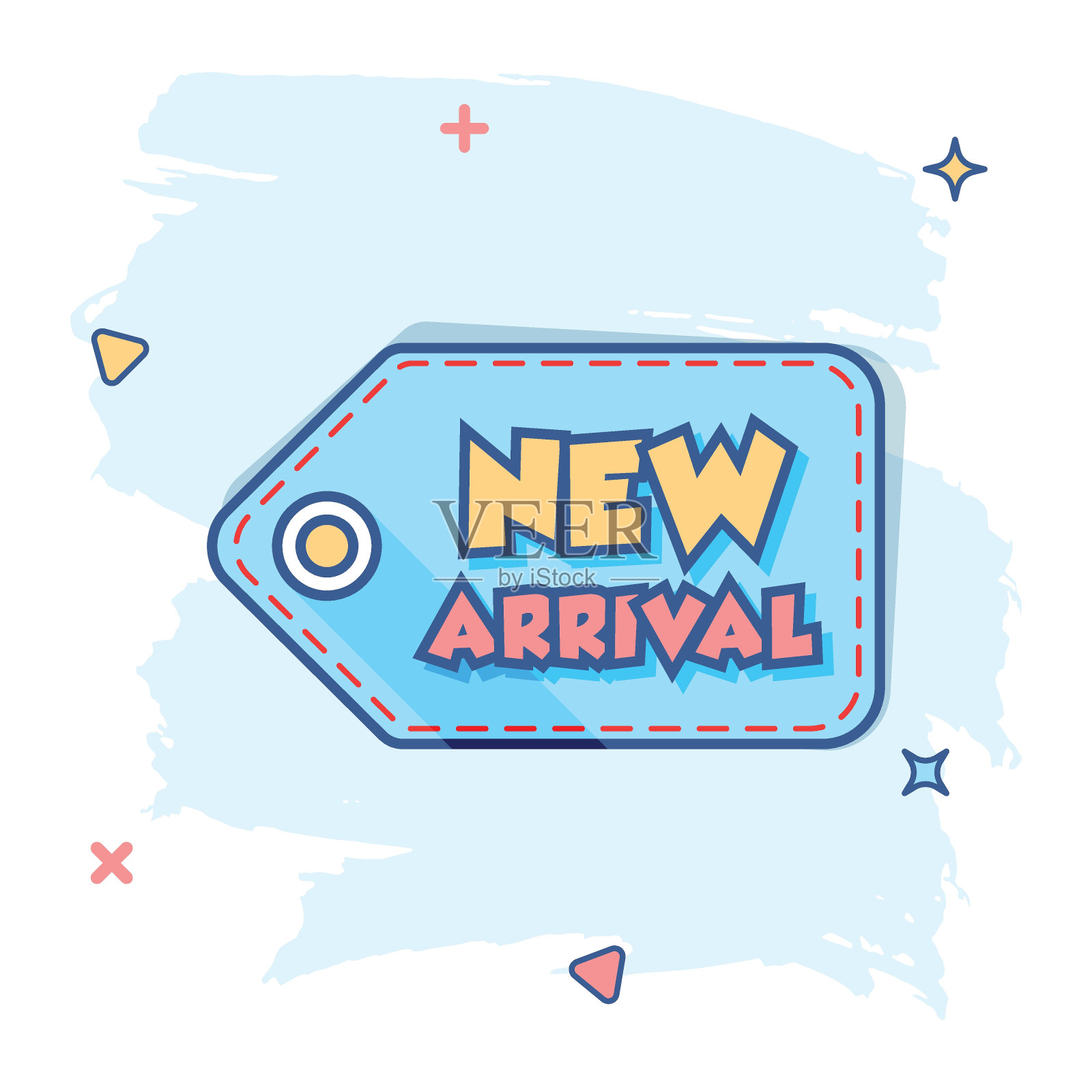 矢量卡通新到达购物图标在漫画风格。新到标志说明象形图。折扣商务溅射效应概念。插画图片素材