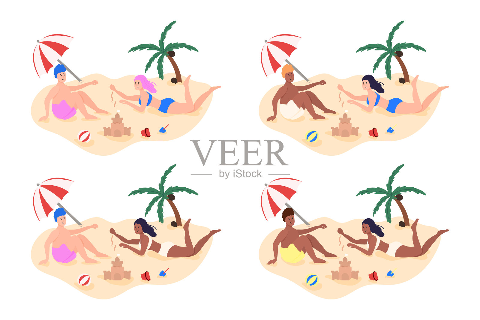 一群人在沙滩上度过了平坦的夏天插画图片素材