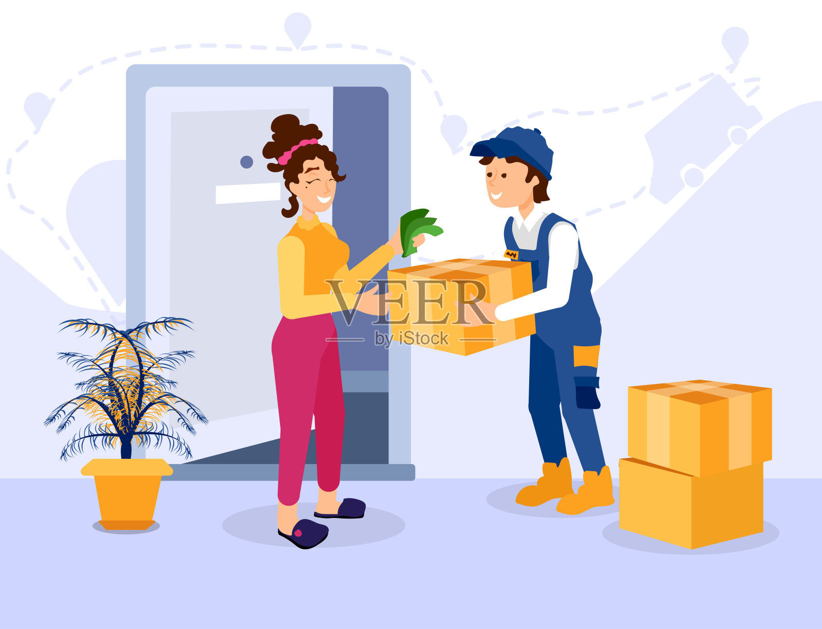 一个美丽的女人从快递员那里收到了她的订单。运输，运输从一个地方到一个地方和快速交货的概念。客户满意快乐，笑脸盈盈。插画图片素材