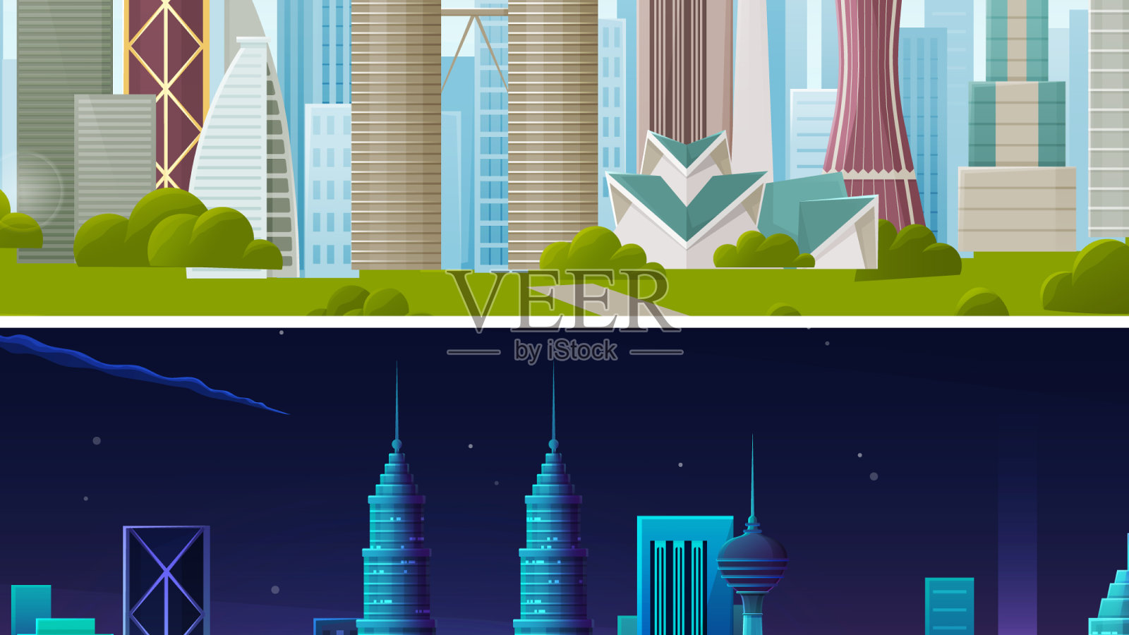 夜景与白景集于一体的城镇景观插画图片素材