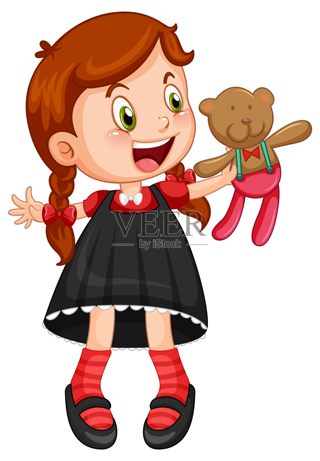 抱着泰迪熊的可爱小女孩插画图片素材